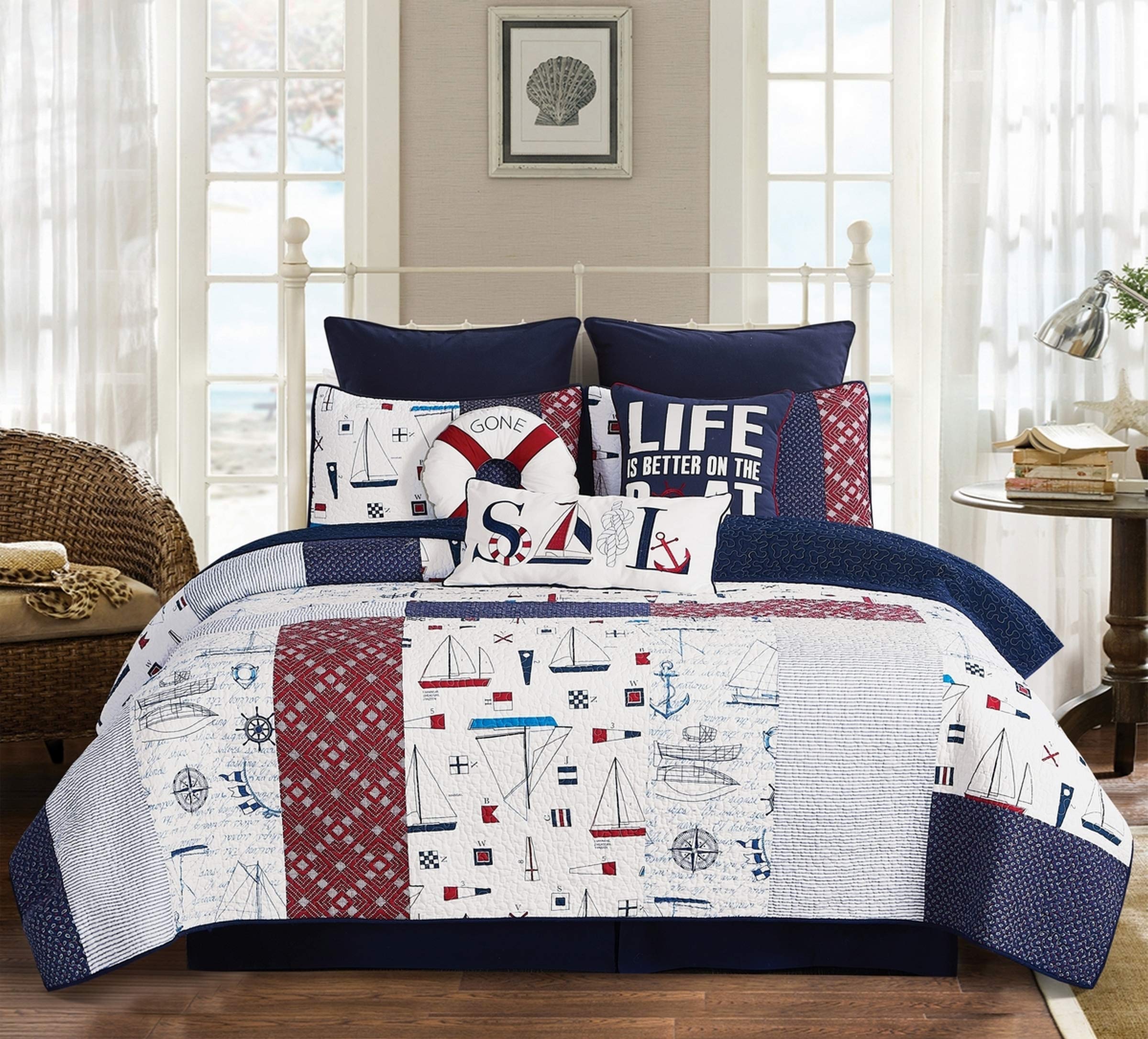 Boomer 2-Piece Nautical Twin Quilt Set - Red, White & Blue Bedding with Matching Sham | Coastal Themed Bedroom Decor for Kids & Teens | Perfect for Summer, Beach Houses & Patriotic Holidays