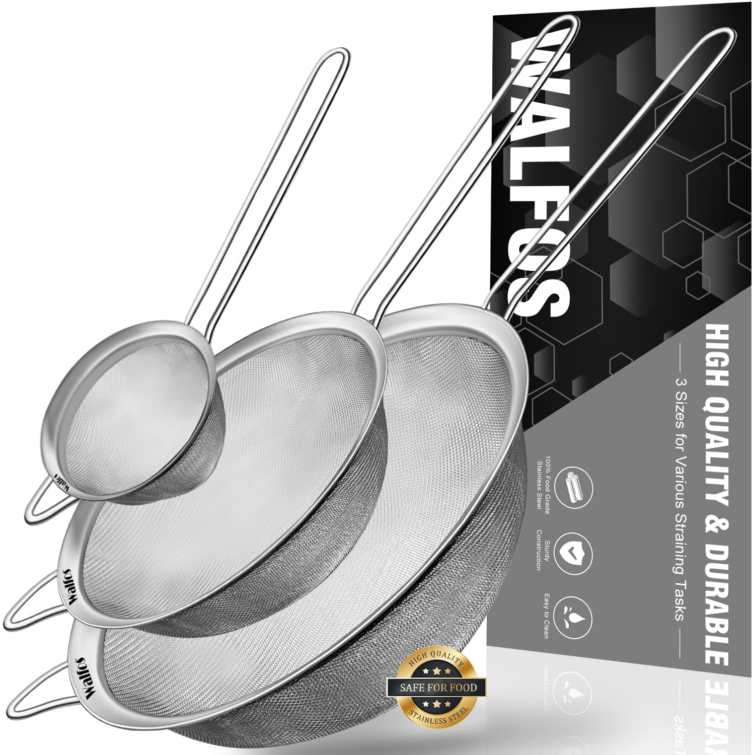 Premium Stainless Steel Fine Mesh Strainers Set - 3 Sizes with Reinforced Frame & Sturdy Handle for Sifting, Straining, Draining - Ideal for Vegetables, Pasta, Tea, Baking & Kitchen Use