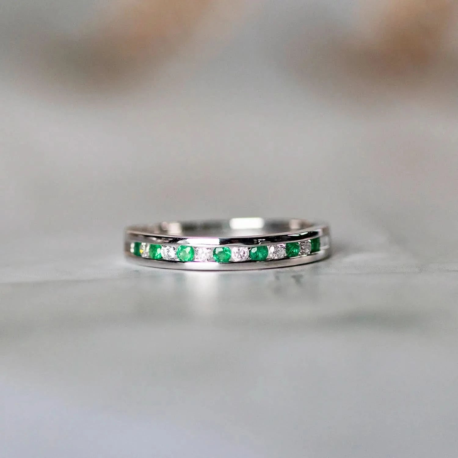 Emerald & Diamond Solid White Gold Eternity Ring for Women - 14K Wedding Band, Anniversary Gift for Her - Perfect for Engagement, Valentine's Day & Special Occasions