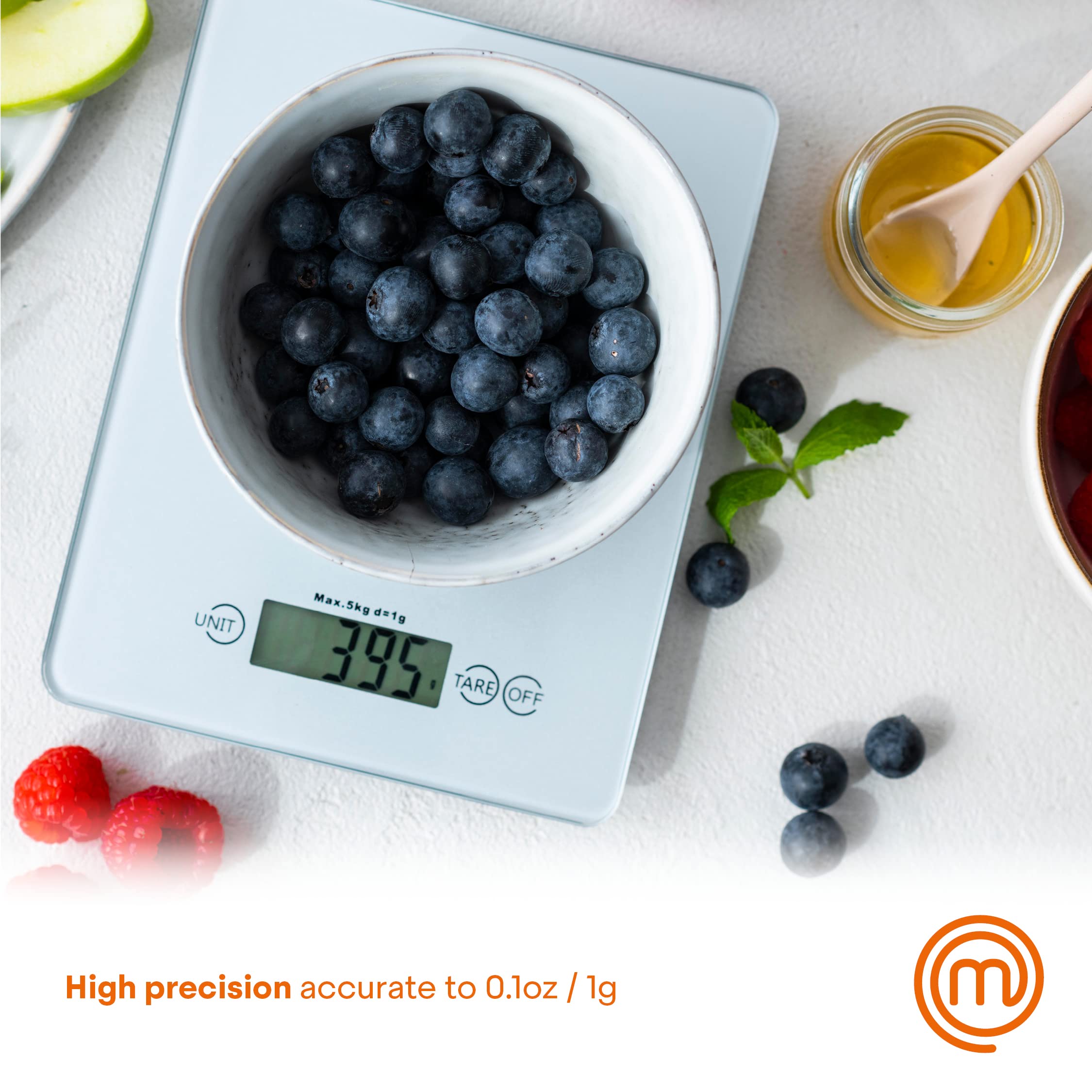 MasterChef Digital Kitchen Scale - Precision Food Scale in Grams & Ounces with LCD Display, 0.1oz Accuracy, 11lb Capacity, Tempered Glass Platform - Perfect for Baking, Cooking, Meal Prep & Portion Control