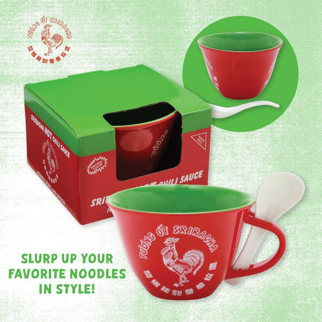 Seven Times Six Sriracha Hot Chili Sauce Ramen Noodle Bowl Soup Mug With Spoon - Spicy Instant Noodle Meal Kit for Quick Lunch, Office Snack & College Dorm Cooking