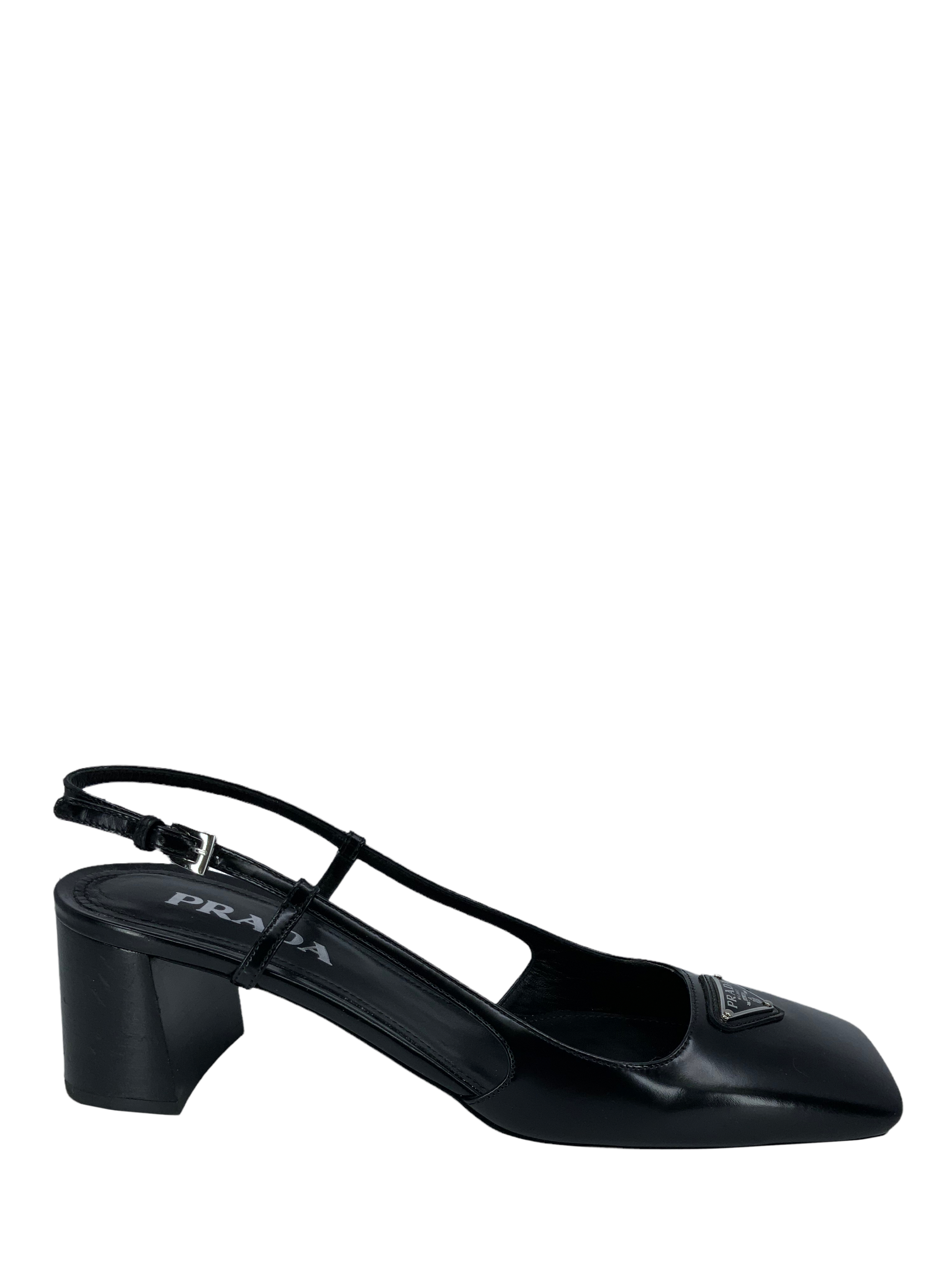 Prada Leather Slingback Pumps with Logo - Square Toe Heels for Women, Size 9 | Perfect for Office, Parties & Special Occasions
