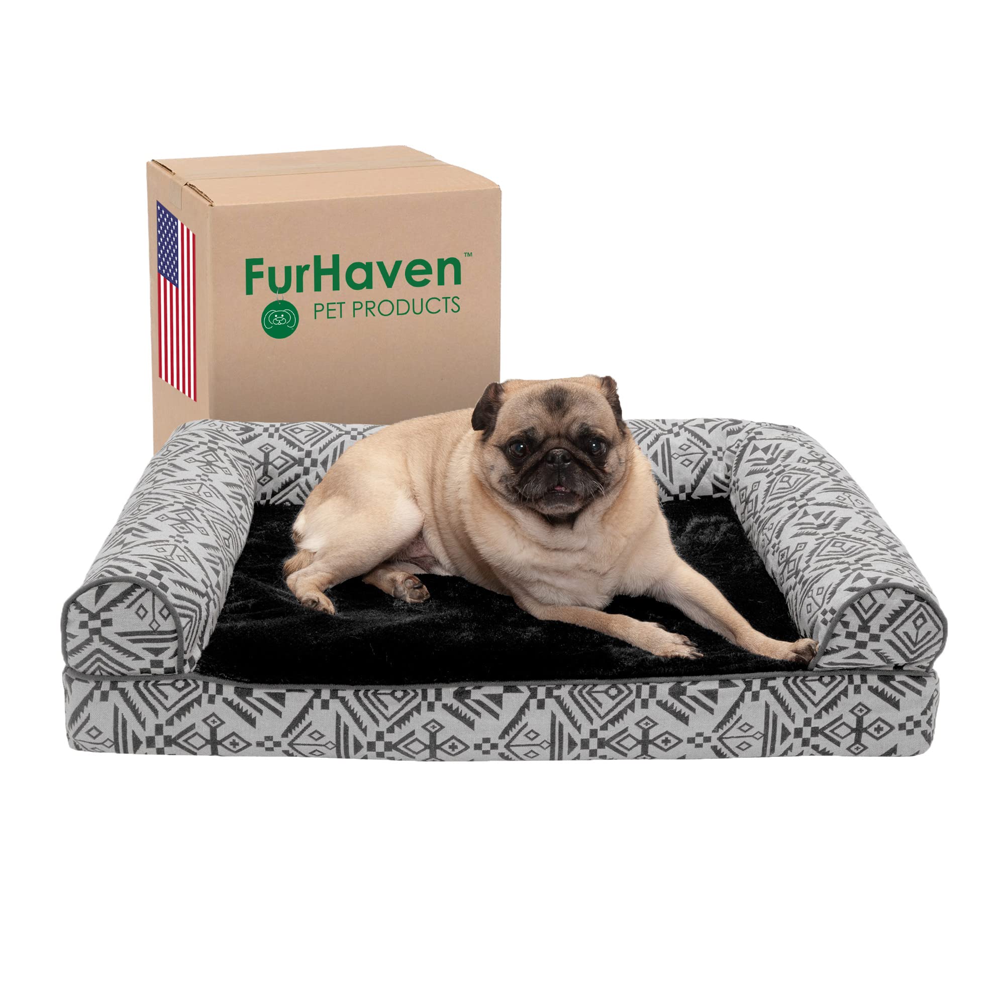**Furhaven Orthopedic Dog Bed for Small & Medium Dogs - Plush & Southwest Kilim Woven Sofa Style - Removable Bolsters & Washable Cover - Supports Up to 35 lbs - Boulder Gray - Perfect for Living Room, Bedroom, or Pet-Friendly Spaces**