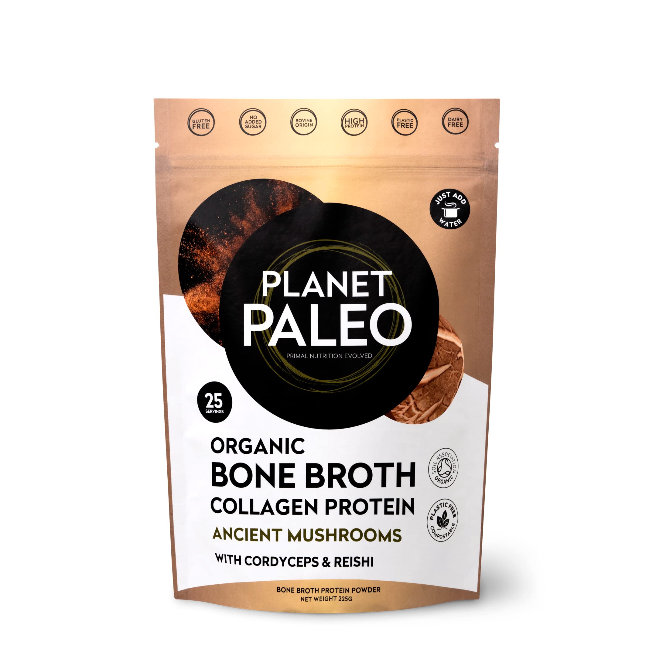 Planet Paleo Organic Bone Broth Powder with Reishi, Cordyceps, Lion's Mane & Shiitake Mushrooms - 225g (25 Servings) - Grass Fed, High Protein, Keto & Paleo Friendly - Supports Immunity & Gut Health - Perfect for Soups, Smoothies & Wellness Drinks