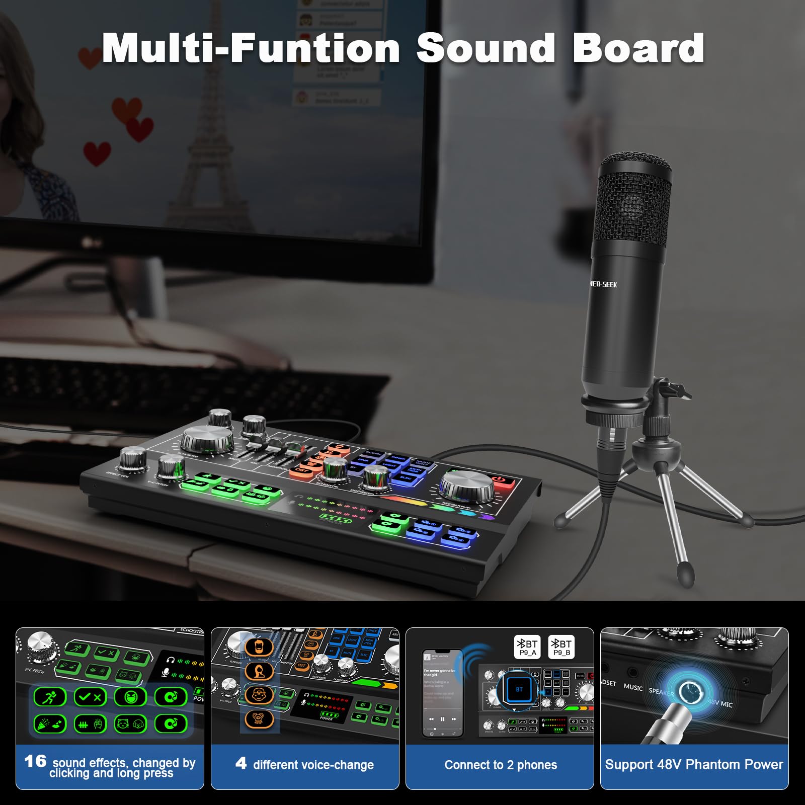 Professional Podcast Equipment Bundle for 2 - Audio Interface with 48V Phantom Power, Voice Changer, 3.5mm Condenser Mic & Dual Bluetooth Wireless - Perfect for PC/Smartphone/Laptop Streaming, Recording, TikTok Videos & YouTube Content Creation