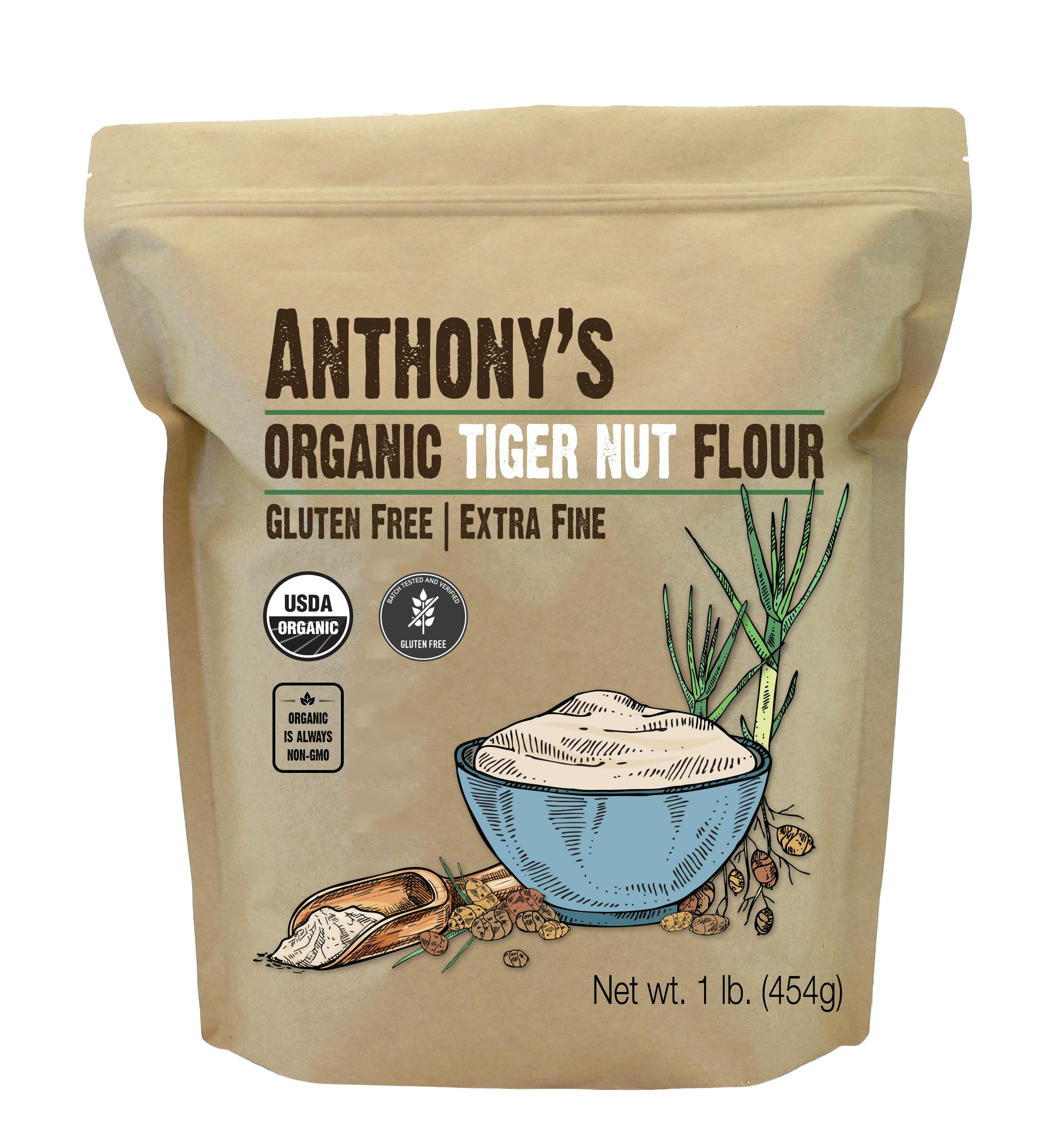 Anthony's Organic Tiger Nut Flour, 1 lb - Gluten Free, Non-GMO, Paleo Friendly, Keto & Vegan - Perfect for Baking, Smoothies & Healthy Recipes