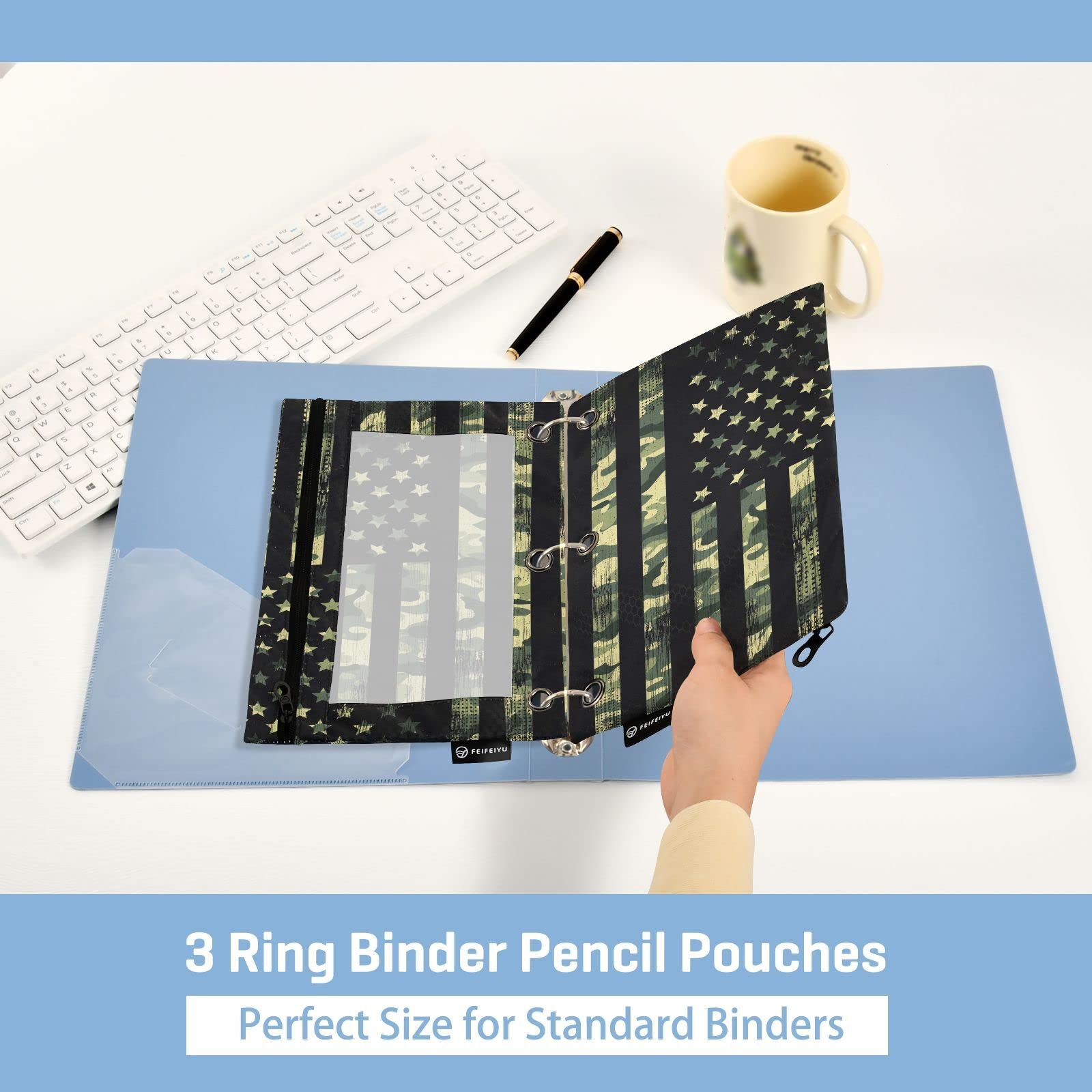 ALAZA American Flag Green Camo 3-Ring Binder Pencil Pouch with Clear Window Zipper - 2 Pack School & Office Supplies for College Students, Teachers & Professionals - Perfect for Organizing Pens, Pencils & Cosmetics in Binders