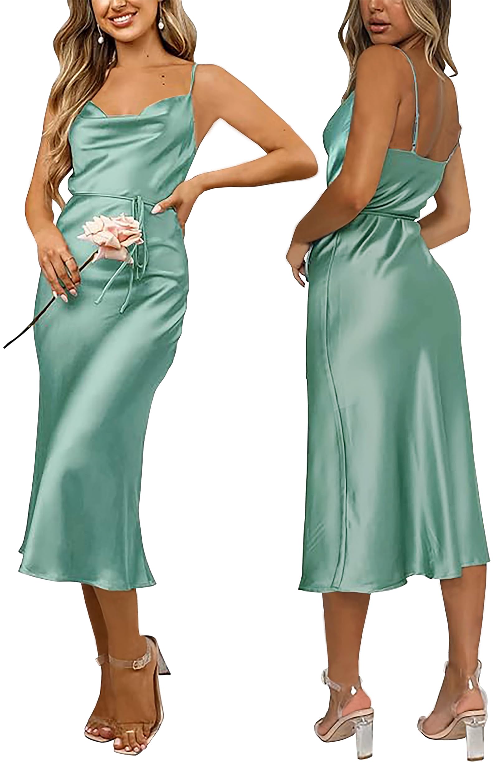 Elegant Women's Sleeveless Spaghetti Strap Satin Dress for Wedding Guest & Party | Cowl Neck Backless Midi Formal Gown | Perfect for Cocktail Events, Evening Parties & Special Occasions