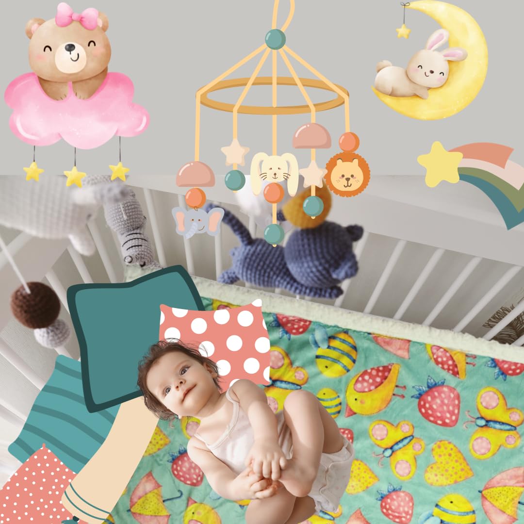 Mitchkee Soft Sherpa Fleece Baby Blanket for Nursery, Stroller & Crib - Pink & Light Teal with Bird, Butterfly & Bee Design - Cozy Receiving Blanket for Infants & Toddlers - Perfect for Snuggling, Playtime & Gift Giving