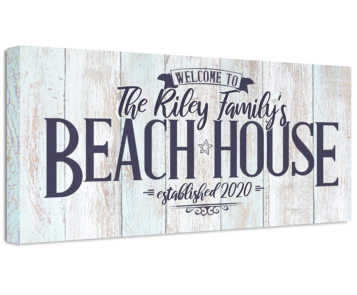 Personalized Welcome to Our Beach House Sign - Extra Large 24x48 Wood Style Stretched Canvas Art, Coastal Decor for Beachfront Homes, Surf Camp Accessories & Ocean Wall Art Print | Perfect for Porch, Entryway or Beach Cottage Decor