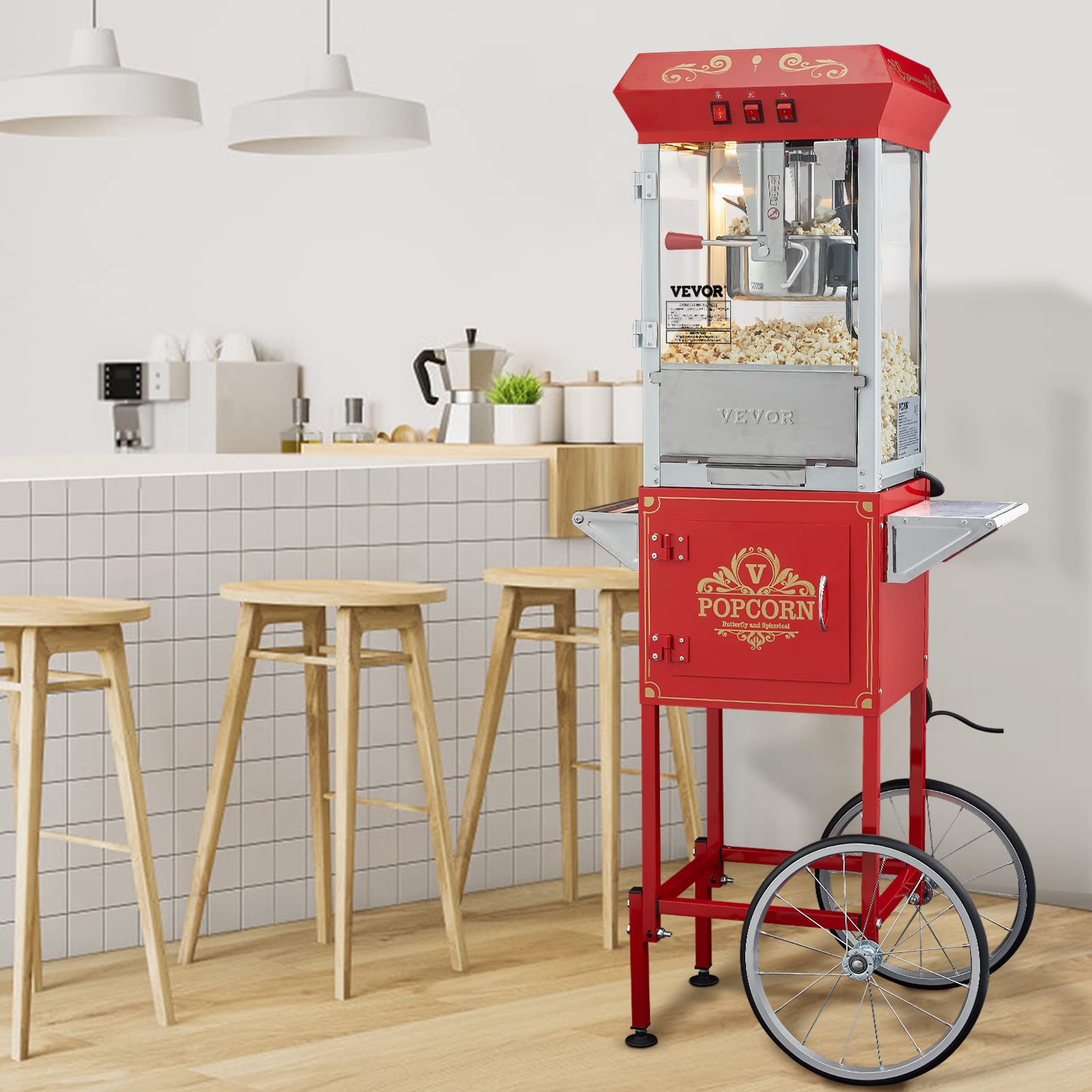 VEVOR 8 Oz Commercial Popcorn Machine - 850W Theater Style Popper with Wheels, Makes 48 Cups per Batch - 3-Switch Control, Steel Frame & Tempered Glass Doors - Includes Scoop & Spoons - Perfect for Movie Theaters, Carnivals, and Home Theater Snack Bars