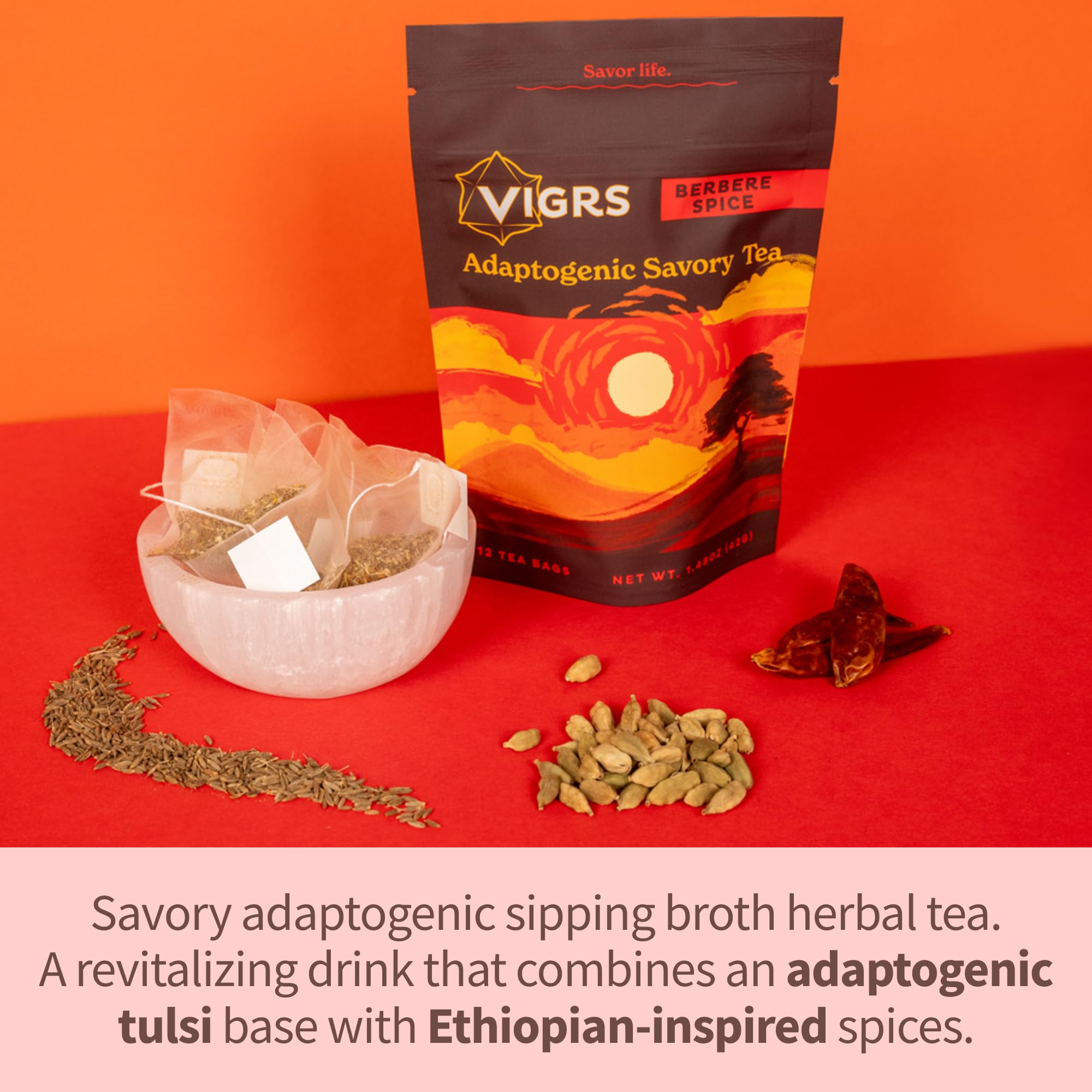 Vigrs Adaptogenic Herbal Sipping Broth Sachets - Berbere Spiced Indian Flavor, Vegan, Keto, Gluten Free, 12 Pack | Perfect for Intermittent Fasting, Wellness Rituals & Savory Tea Time