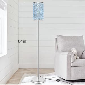 Crystal Floor Lamp with Teal Shade - Elegant Silver Standing Light for Living Room, Bedroom, Office & Dresser | Tall Pole Lamp with E26 Base | Perfect for Girls Room, Reading Nook & Home Decor