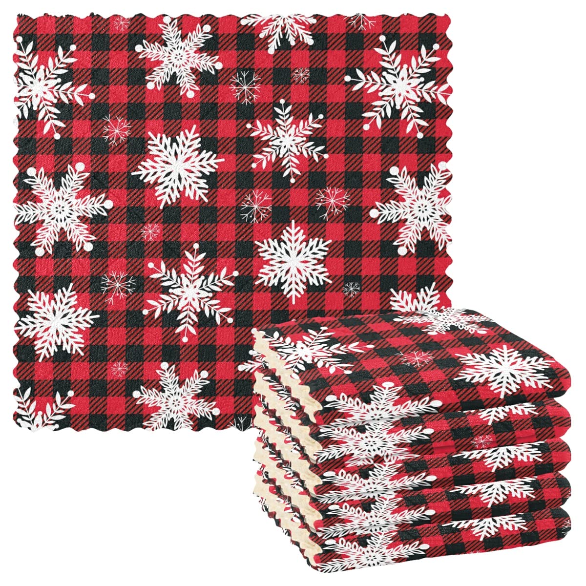 DOMIKING Snowflakes Buffalo Plaid Kitchen Towels - Set of 6 Absorbent Reusable Dish Cloths, Hand Towels for Kitchen Counter, Dish Drying, and Christmas Decor