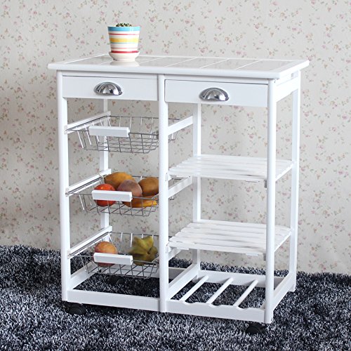Fuara Rolling Wood Kitchen Island Cart with Storage Drawers & Baskets - Mobile Utility Cart for Dining Room, Countertop Organizer - Perfect for Small Kitchens, Food Prep & Entertaining (White)