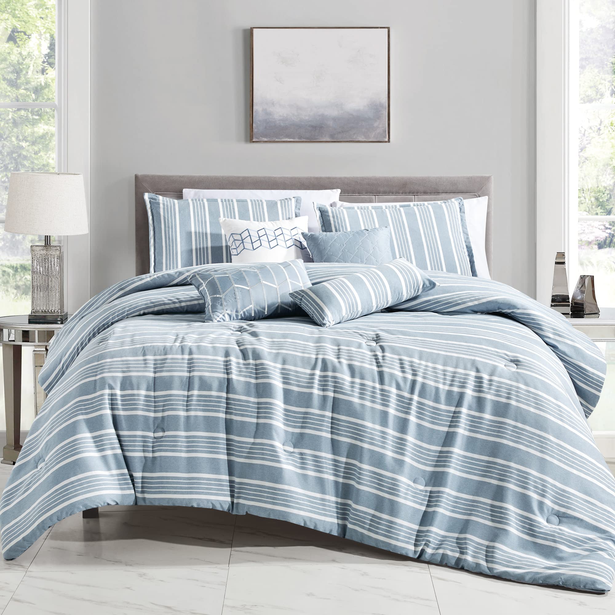 Luxury 7-Piece King/Cal-King Comforter Set with Shams & Cushions - Modern Elegant Blue Striped Geometric Embroidered Bedding Set | Perfect for Master Bedroom, Guest Room & Luxury Hotels (22162V-BLUE, King/Cal-King)
