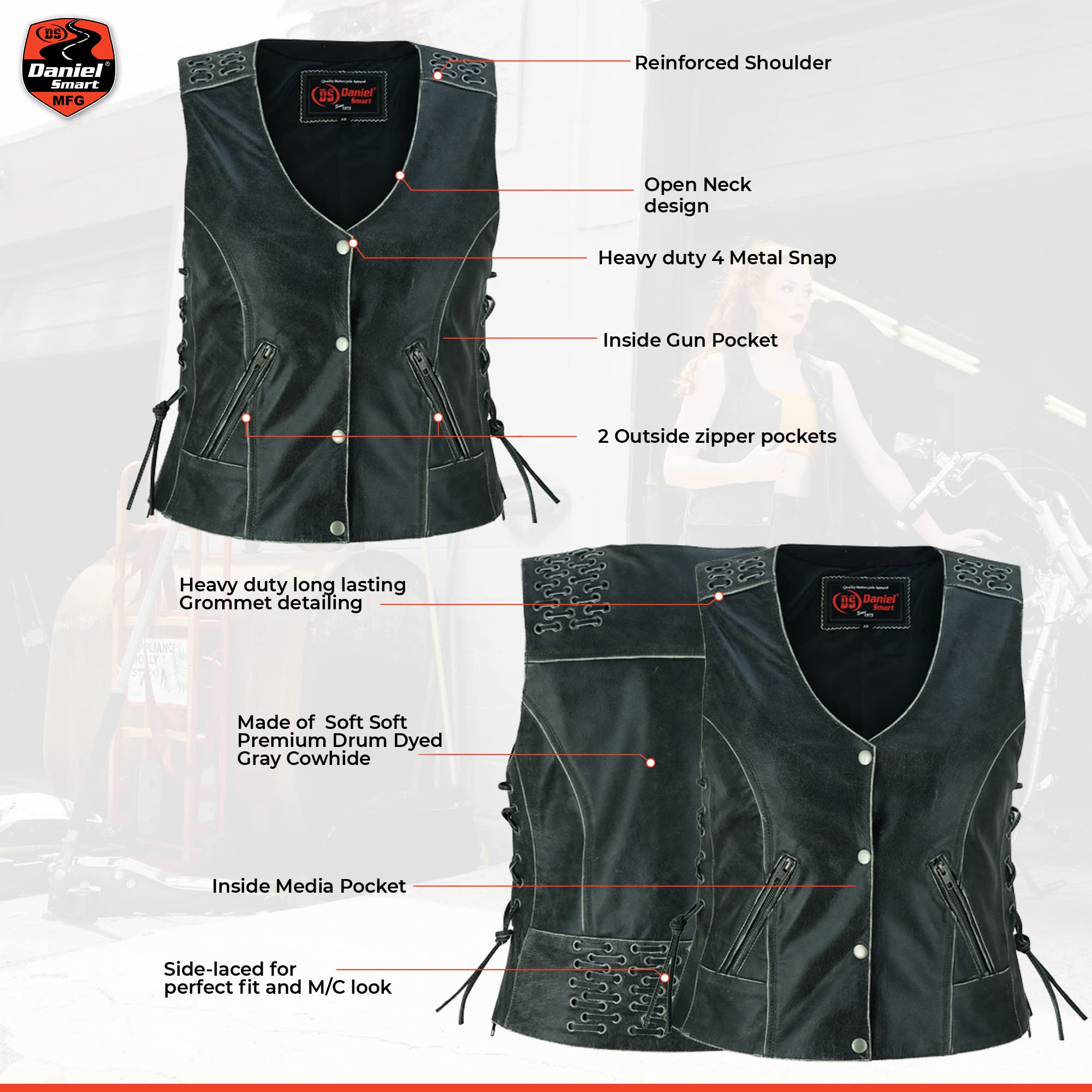 Daniel Smart Women's Leather Vest – Grey Grommet Detailed Faux Leather Vest with Side Laces & Hidden Armory Pocket | Stylish Biker Jacket for Motorcycle Riding, Outdoor Adventures & Fashion Outfits