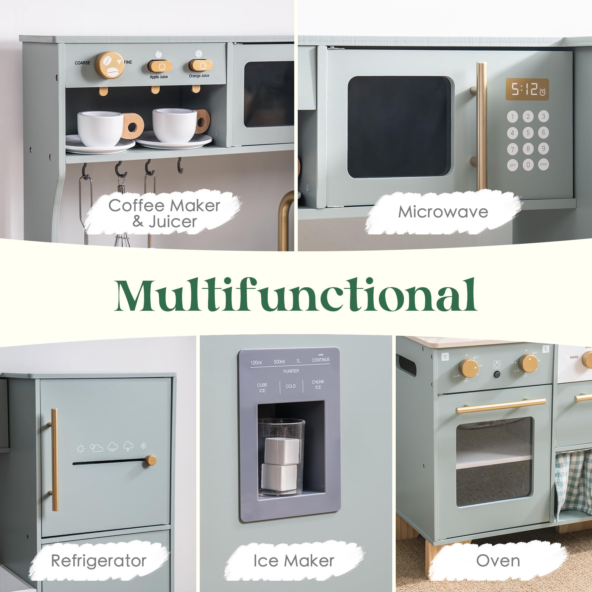 ROBUD Wooden Play Kitchen Set for Kids - Pretend Play Toy with Ice Maker, Refrigerator, Coffee Machine, Oven, Dishwasher & Microwave - Complete Kitchen Accessories - Educational Gift for Boys & Girls Ages 3+ - Perfect for Imaginative Play, Role-Playing & Early Learning Development
