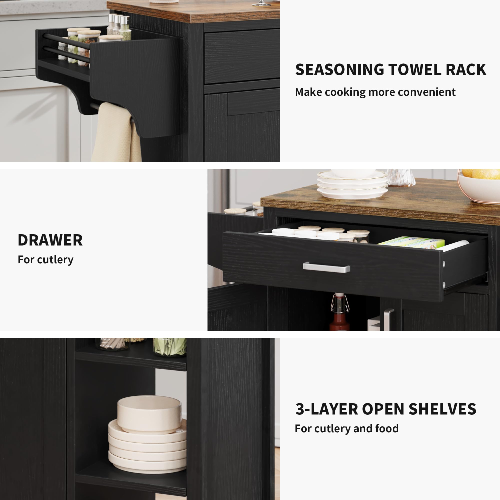 YITAHOME 48-Inch Kitchen Island Cart with Storage, Rolling Mobile Kitchen Cart with 2 Doors, 4 Drawers, Open Shelves & Wine Rack - Perfect for Small Kitchens, Apartments & Dining Rooms - Black