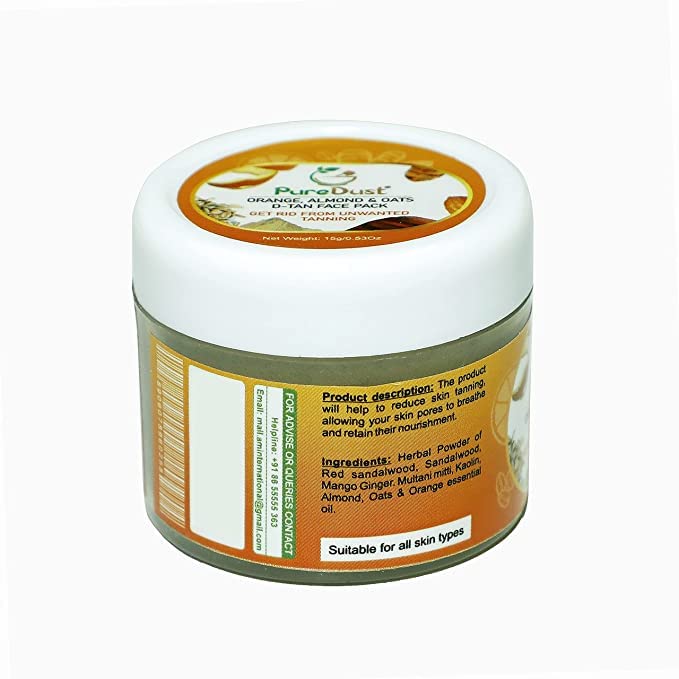 PureDust Orange, Almond & Oats D-Tan Face Pack - 15g | Brightening & Exfoliating Facial Mask for Glowing Skin | Perfect for Acne-Prone & Dull Skin Care Routine