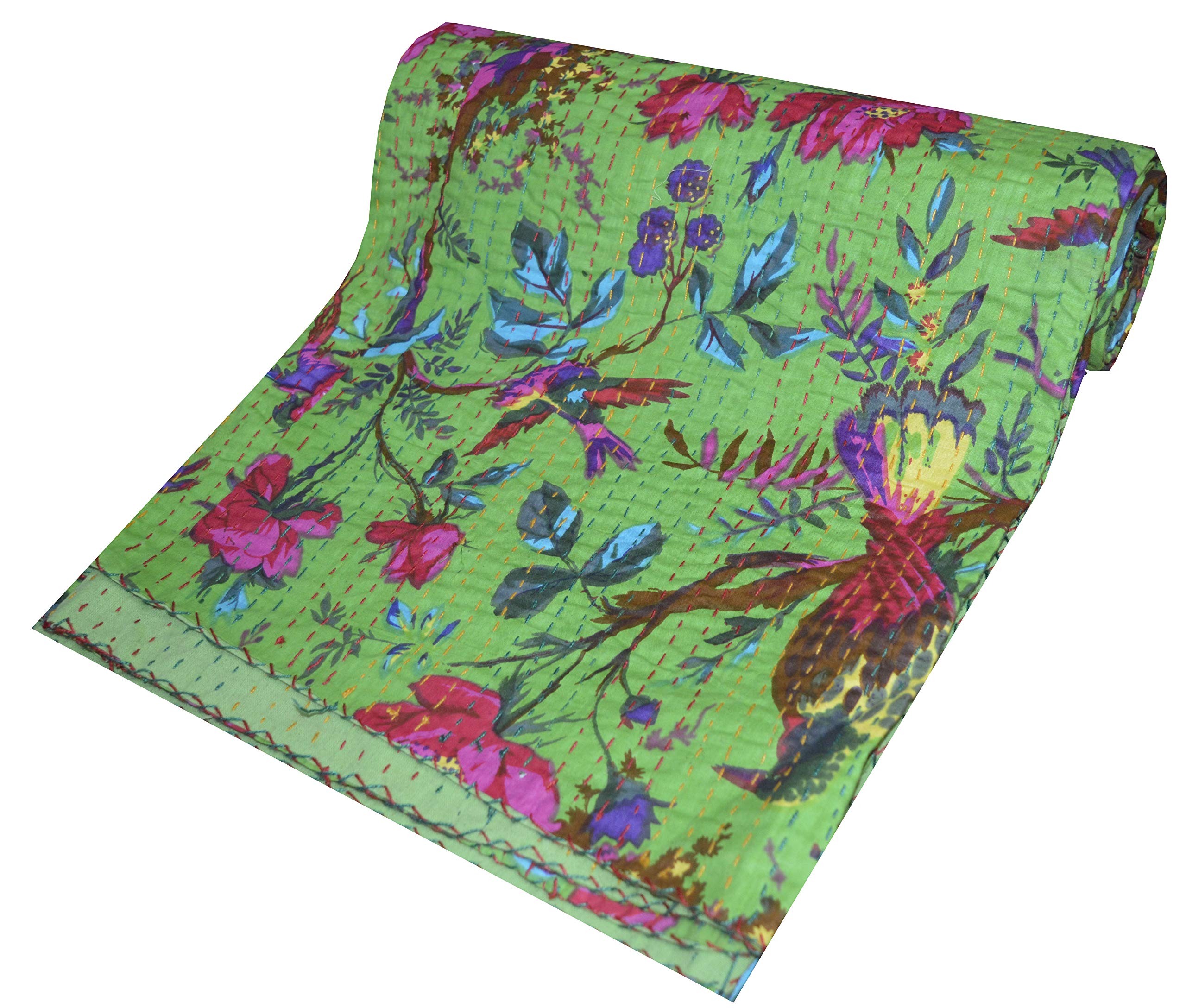 Handmade Indian Bird Print Cotton Kantha Quilt - Twin Size Bedspread (90x60 Inches) - Green 2 Bird Design for Bohemian Bedroom Decor, Guest Room Throw Blanket & Cozy Living Room Accent