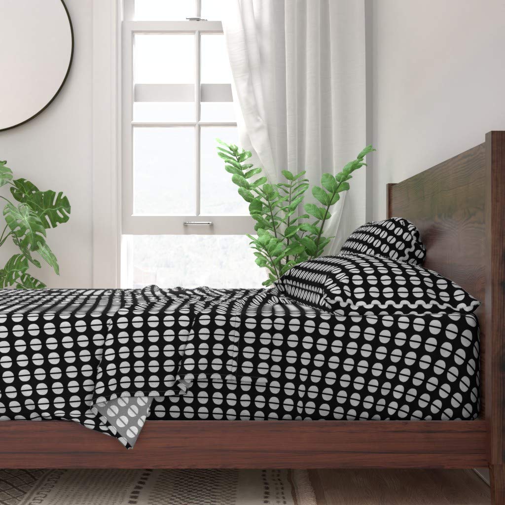 Spoonflower 100% Cotton King Size 4-Piece Bed Sheet Set - Black & White Retro Circle Mid-Century Modern Print, Custom Quilted Bedding Collection | Perfect for Master Bedroom, Guest Room & Vintage Home Decor