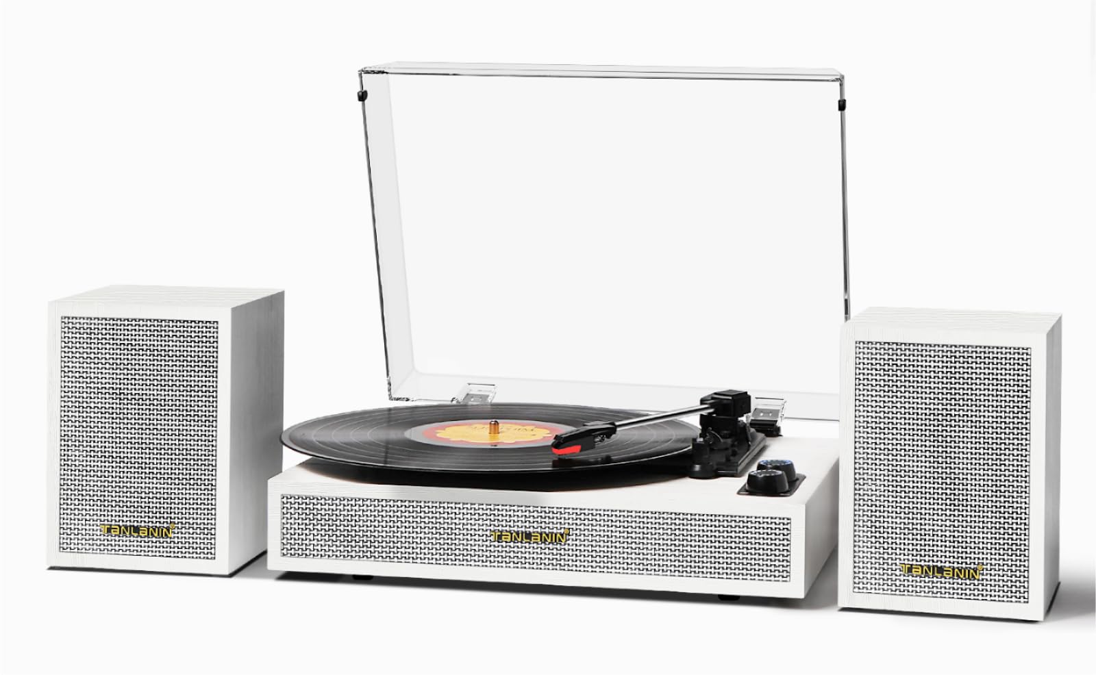 Vintage 3-Speed Belt Drive Turntable with External Stereo Speakers - Vinyl Record Player with RCA Audio Out & Aux-in, White Wood - Perfect for Home Entertainment & Retro Music Lovers