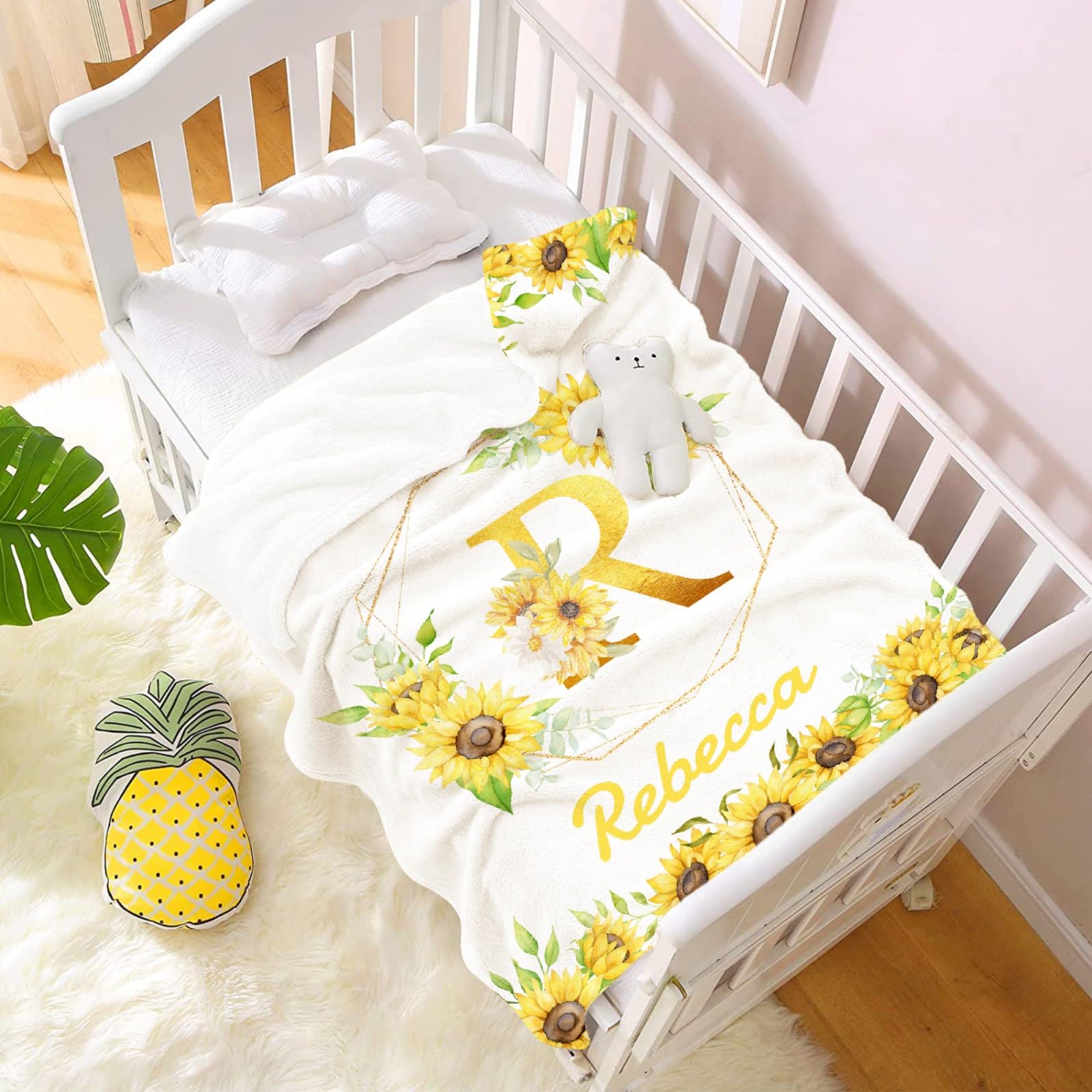Personalized Baby Blankets for Girls & Boys - Custom Name Embroidered Fleece Throw Blanket - Soft Cozy Newborn Blanket Gift - Sunflower Design Baby Quilt for Crib, Stroller & Nursery Decor