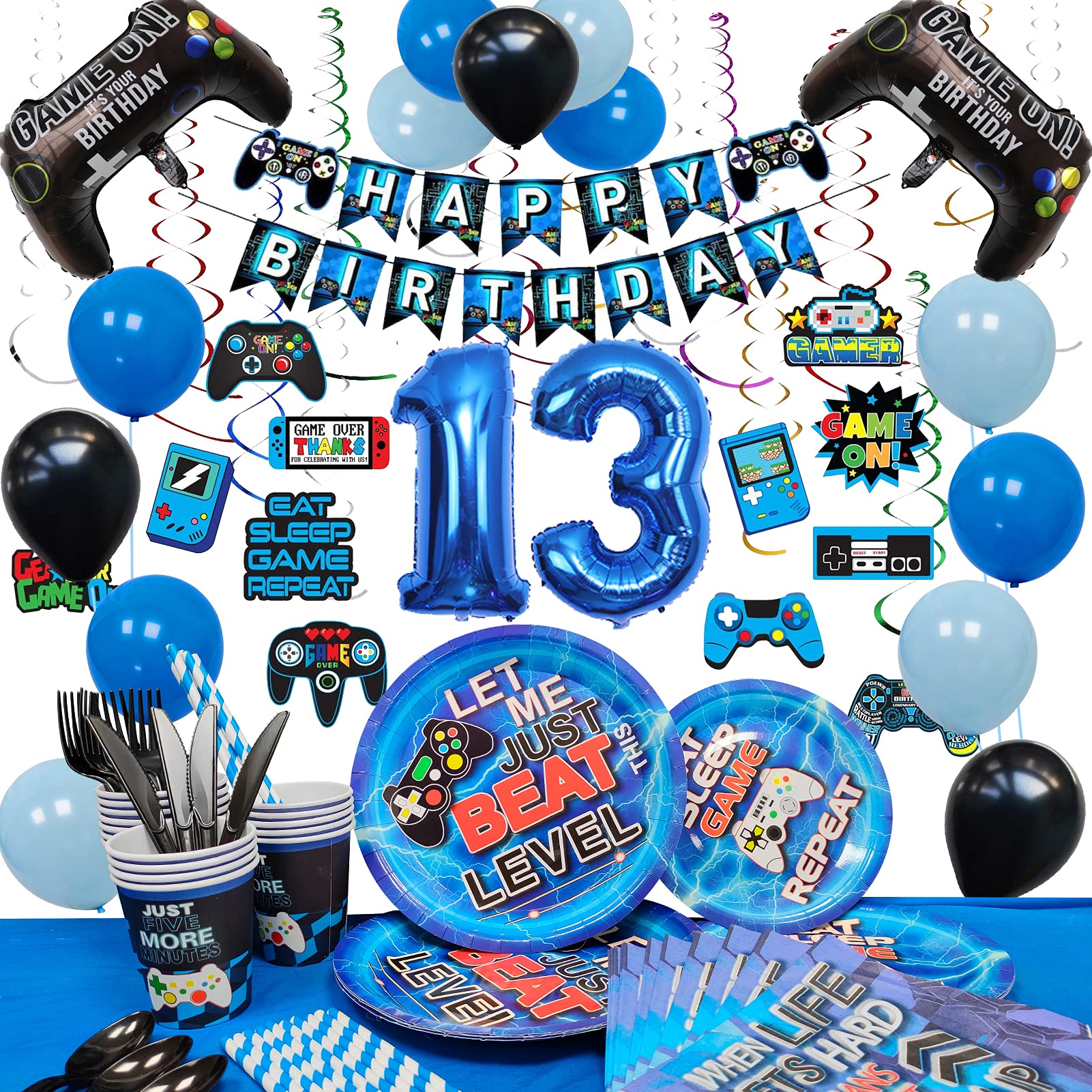 Vlipoeasn 13th Birthday Video Game Party Supplies - Blue Gamer Theme Decorations Set for Boys (169 PCS) | Includes Disposable Plates, Hanging Swirls, Balloons & Birthday Banner | Perfect for 16 Guests | Ideal for Gaming Parties, Teen Celebrations & Themed Events