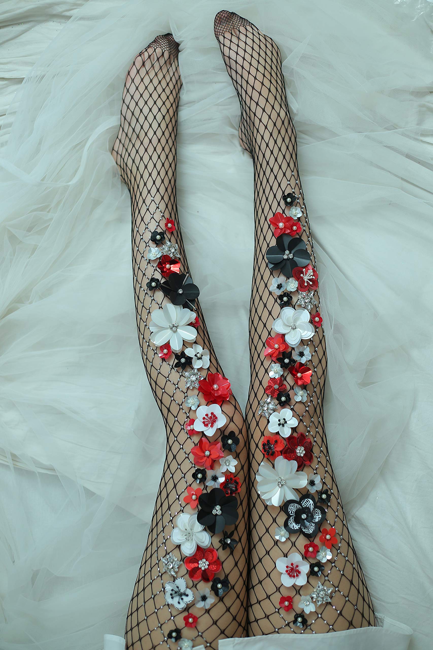 Sexy Red Fishnet Stockings with 3D Floral Design | Vintage Pin-Up Style Tights for Cosplay & Wedding | Women's Fashion Hosiery for Parties, Halloween & Boudoir Photography