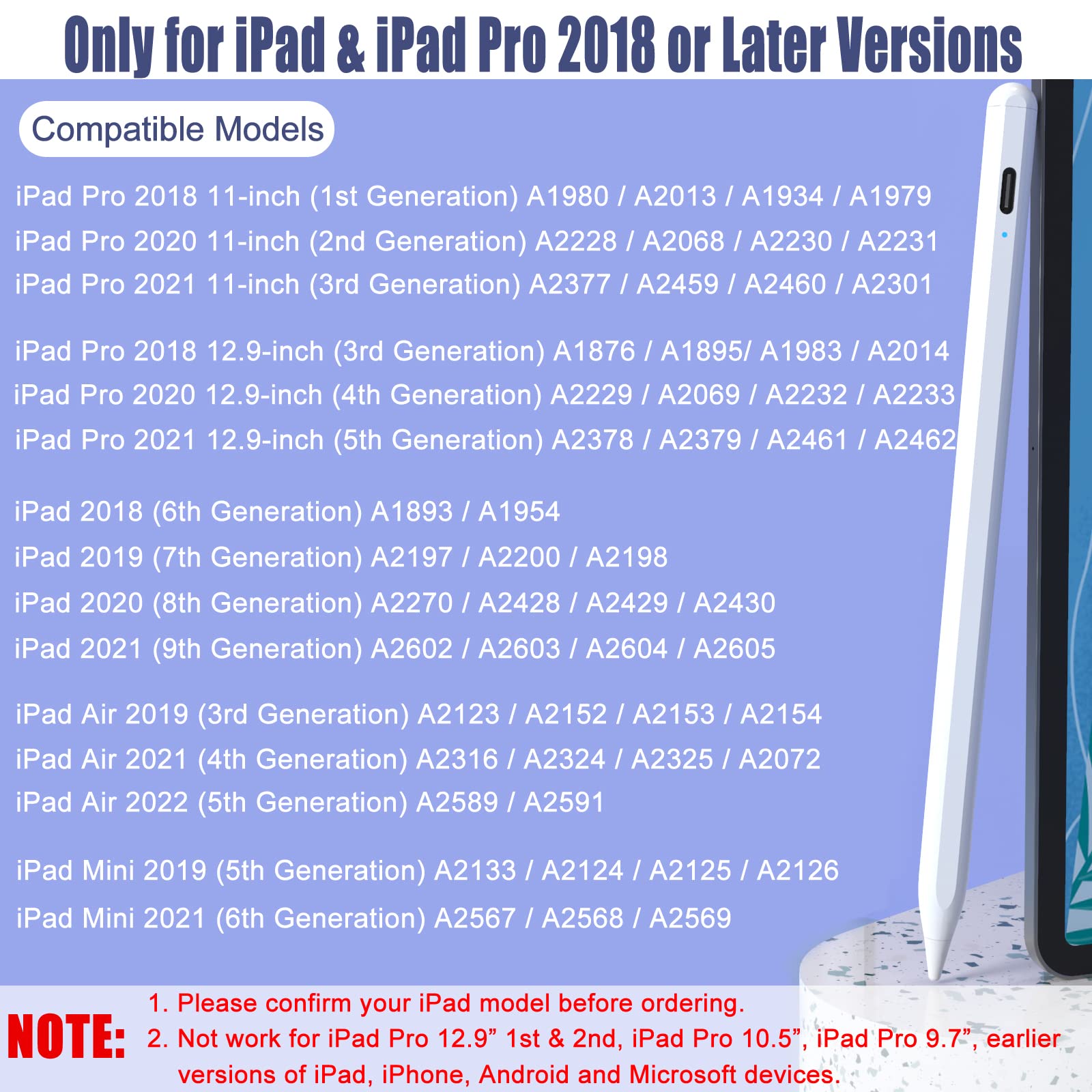 Premium Stylus Pen for iPad Pro/Air/Mini (2018-2023) - Tilt & Pressure Sensitive with Palm Rejection, Compatible with Apple Pencil - Perfect for Drawing, Note Taking & Digital Art