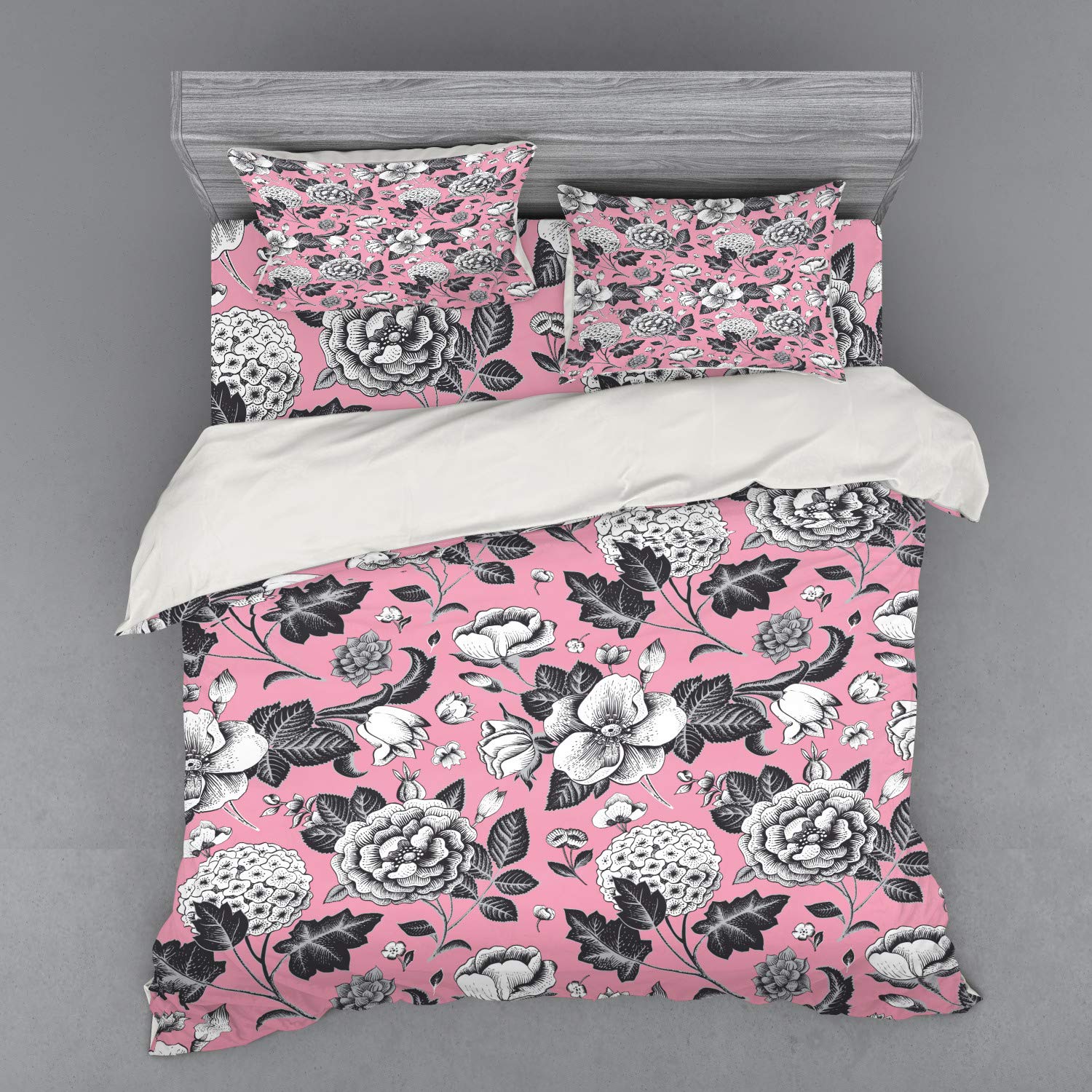 Ambesonne Floral Bedding Set - Vintage Garden Flowers with Tulips & Leaves Sketch Design, 4-Piece Duvet Cover Set with Shams & Fitted Sheet, King Size, Coral Black & White | Perfect for Boho & Vintage Bedroom Decor
