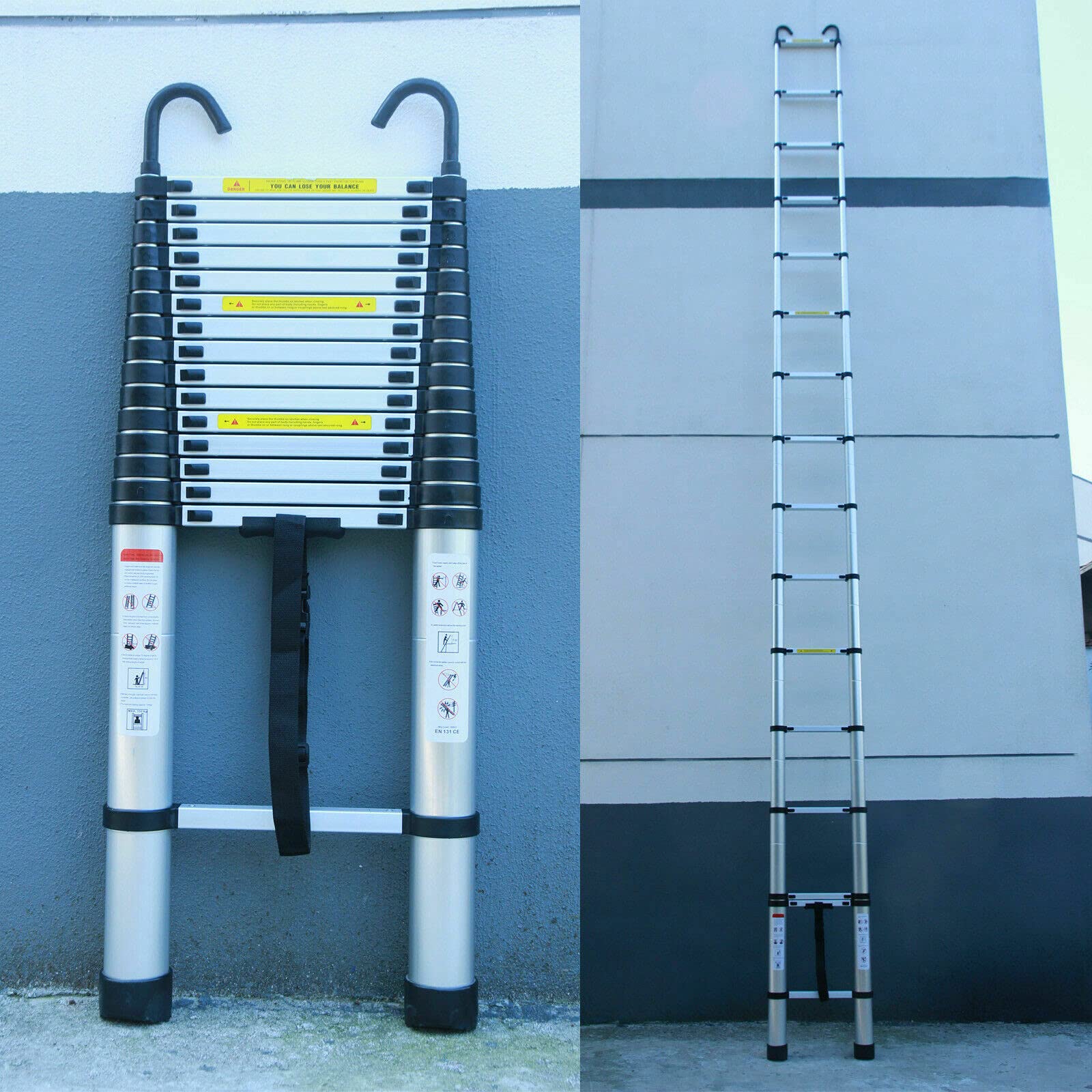 14.5FT Aluminum Telescopic Ladder with Hooks - 4.4M Extendable Multi-Purpose Ladder for Home & Work, 330lb Weight Capacity - Perfect for Loft Access, Roofing, Painting and Indoor/Outdoor Use