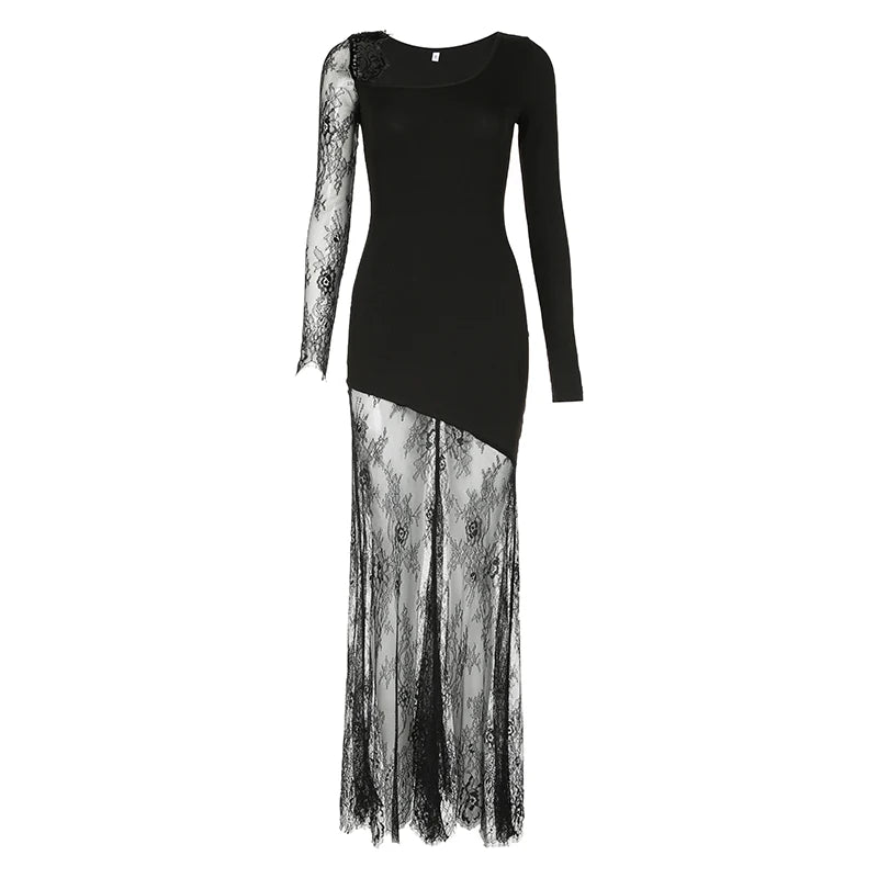Asymmetrical Black Lace Dress for Women - Elegant Sexy Long Prom Evening Gown with Sheer Details, Perfect for Parties, Weddings & Summer Night Outfits