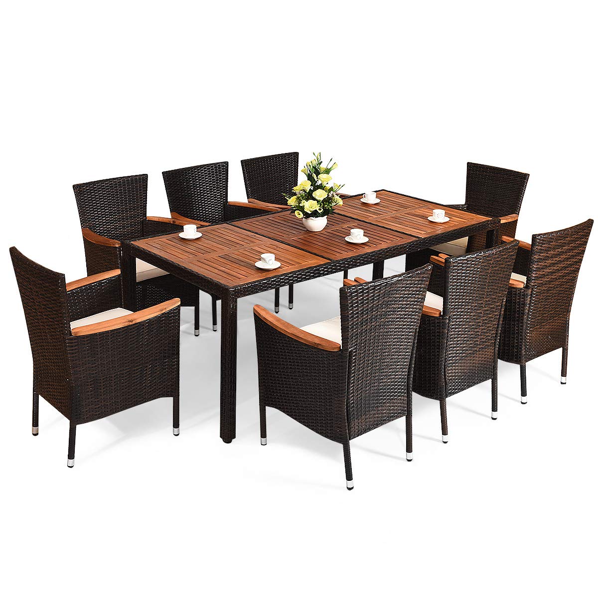 Tangkula 9-Piece Outdoor Dining Set with Acacia Wood Table & Stackable Armchairs - Patio Garden Furniture with Weather-Resistant Wicker & Cushions - Perfect for Backyard BBQs, Poolside Dining & Outdoor Entertaining