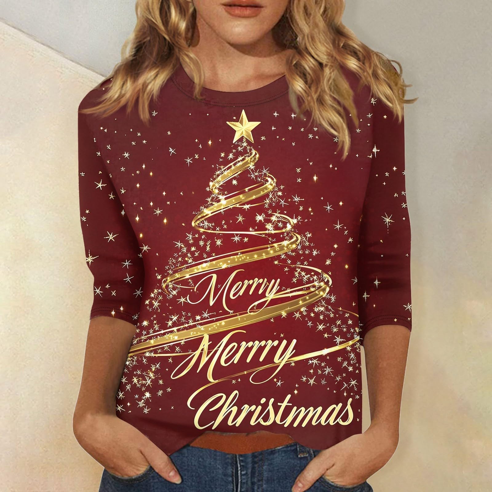 NAMTYQX Women's Christmas T-Shirts - 3/4 Sleeve Crewneck Loose Blouse, Plus Size Holiday Printed Top for Xmas Gifts | Casual Wear, Office Outfit & Party Apparel