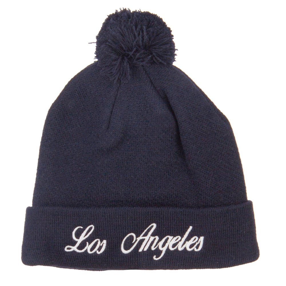 Los Angeles Embroidered Pom Cuff Beanie - Winter Knit Hat with Faux Fur Pom for Women & Men | Cozy Cold Weather Accessory for Skiing, Snowboarding & Outdoor Activities