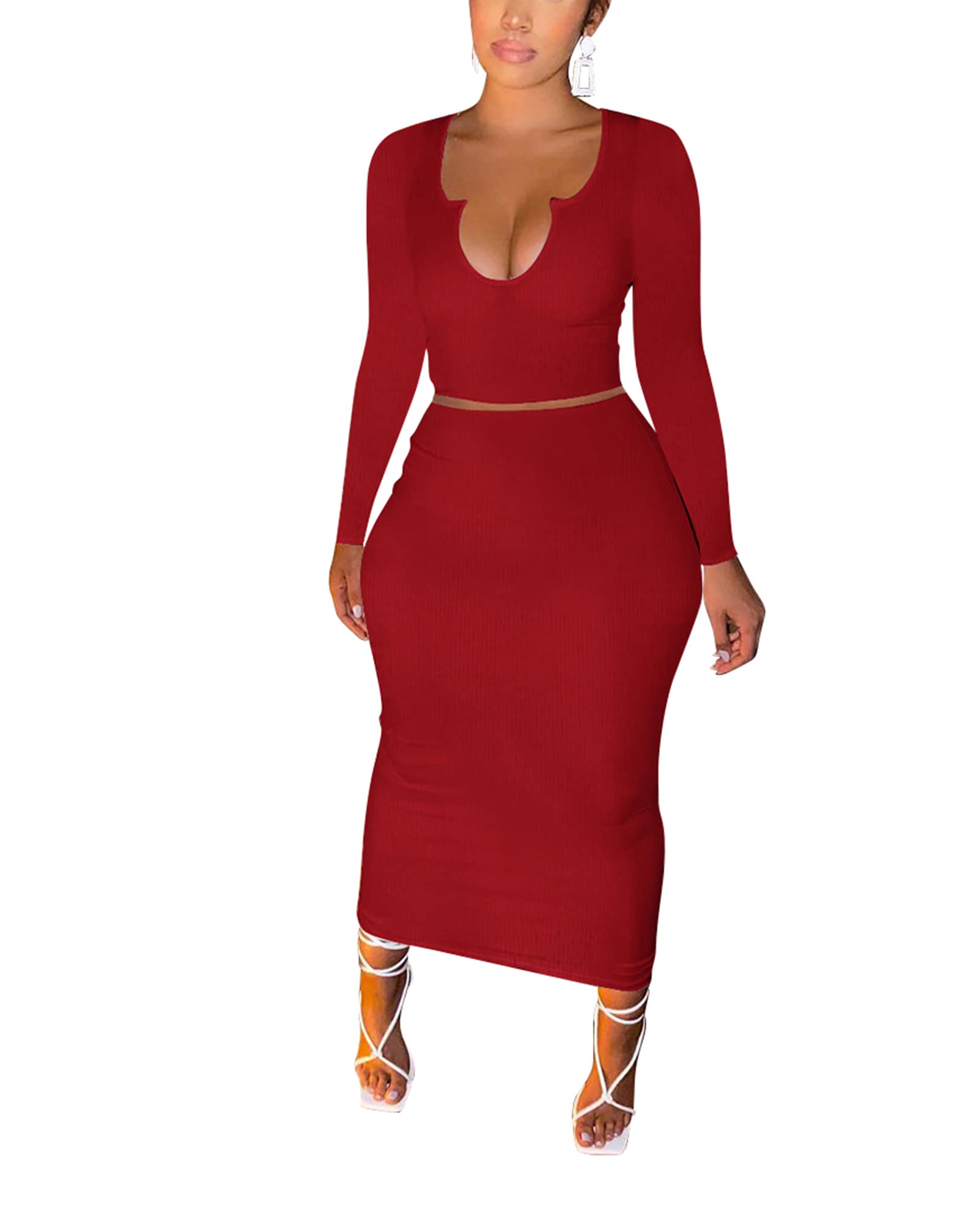 Sexy Women's Two Piece Skirt Outfit - Long Sleeve/Sleeveless V Neck Bodycon Ribbed Knit Maxi Dress for Club, Party & Evening Wear | Perfect for Date Night, Cocktail Events & Night Out