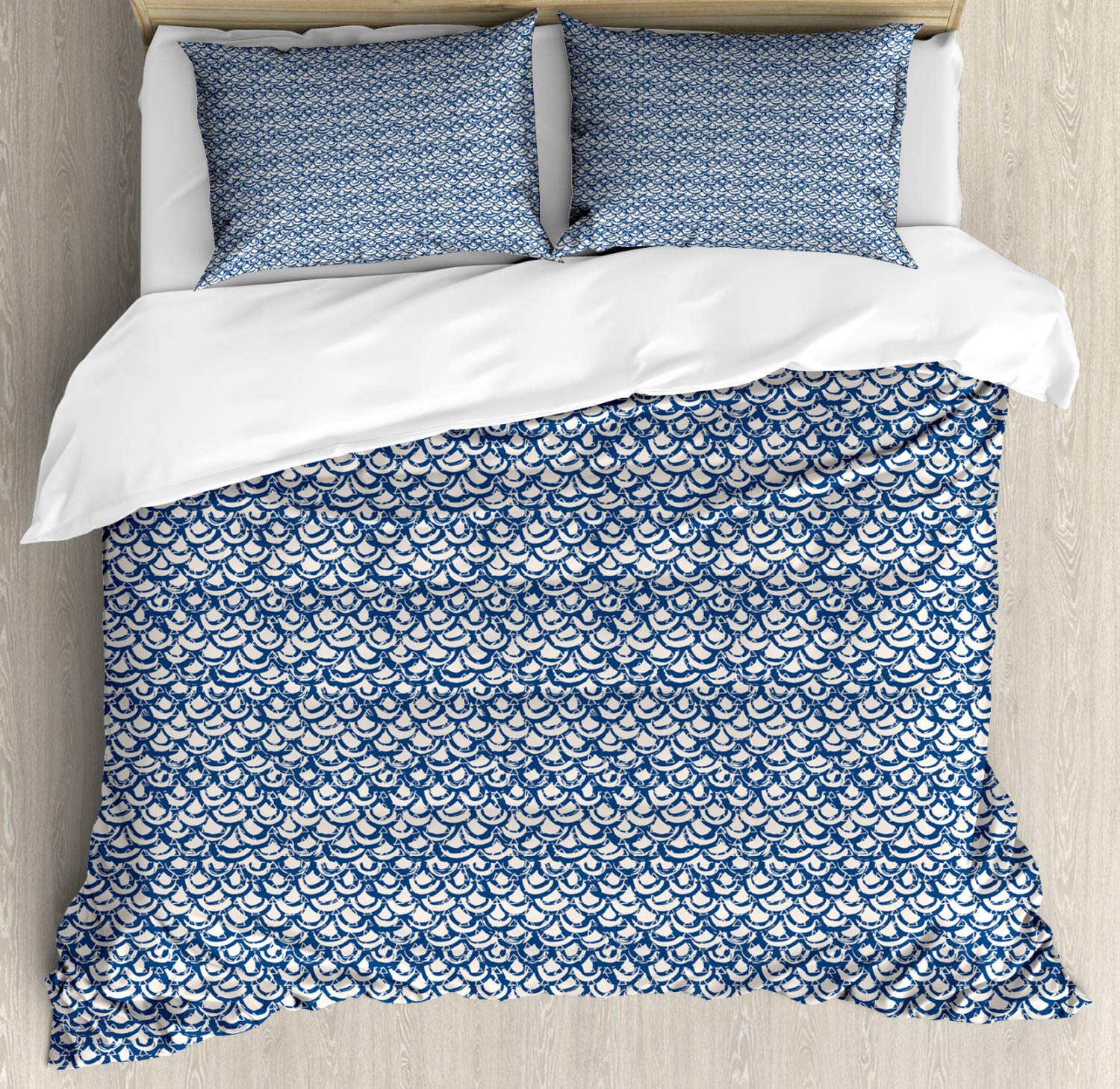 Ambesonne Ethnic King Size Duvet Cover Set - Hand Drawn Indonesian Batik Design with Navy Blue & Cream Geometric Patterns, Includes 2 Duvet Covers & 4 Pillowcases (2-Pack) - Perfect for Bohemian Bedroom Decor & Guest Room Styling