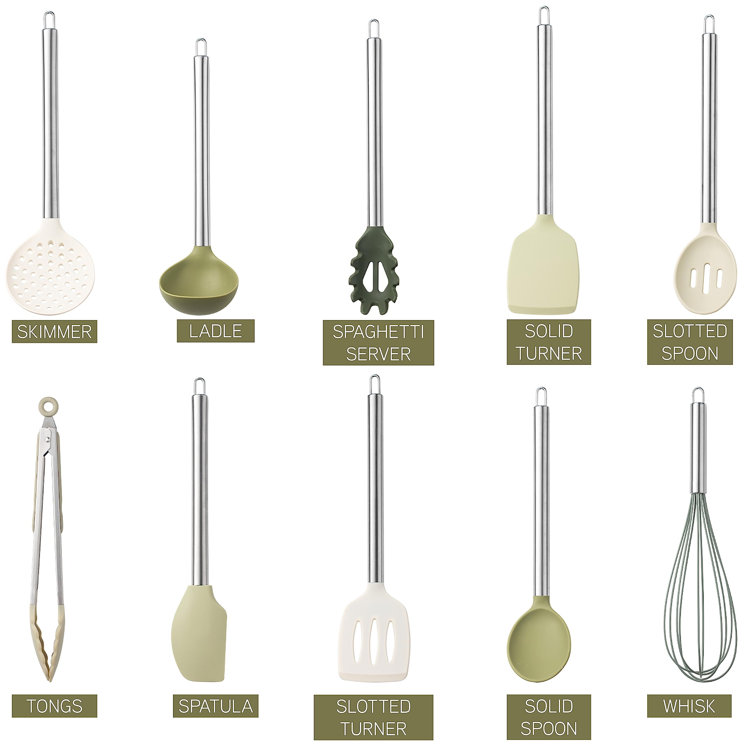 Premium 10-Piece Nonstick Silicone Cooking Utensil Set - Heat-Resistant Kitchen Tools for Sauteing, Baking & Stirring - Safe for All Cookware - Easy Clean Green Kitchen Gadgets - Perfect for Home Chefs & Cooking Enthusiasts