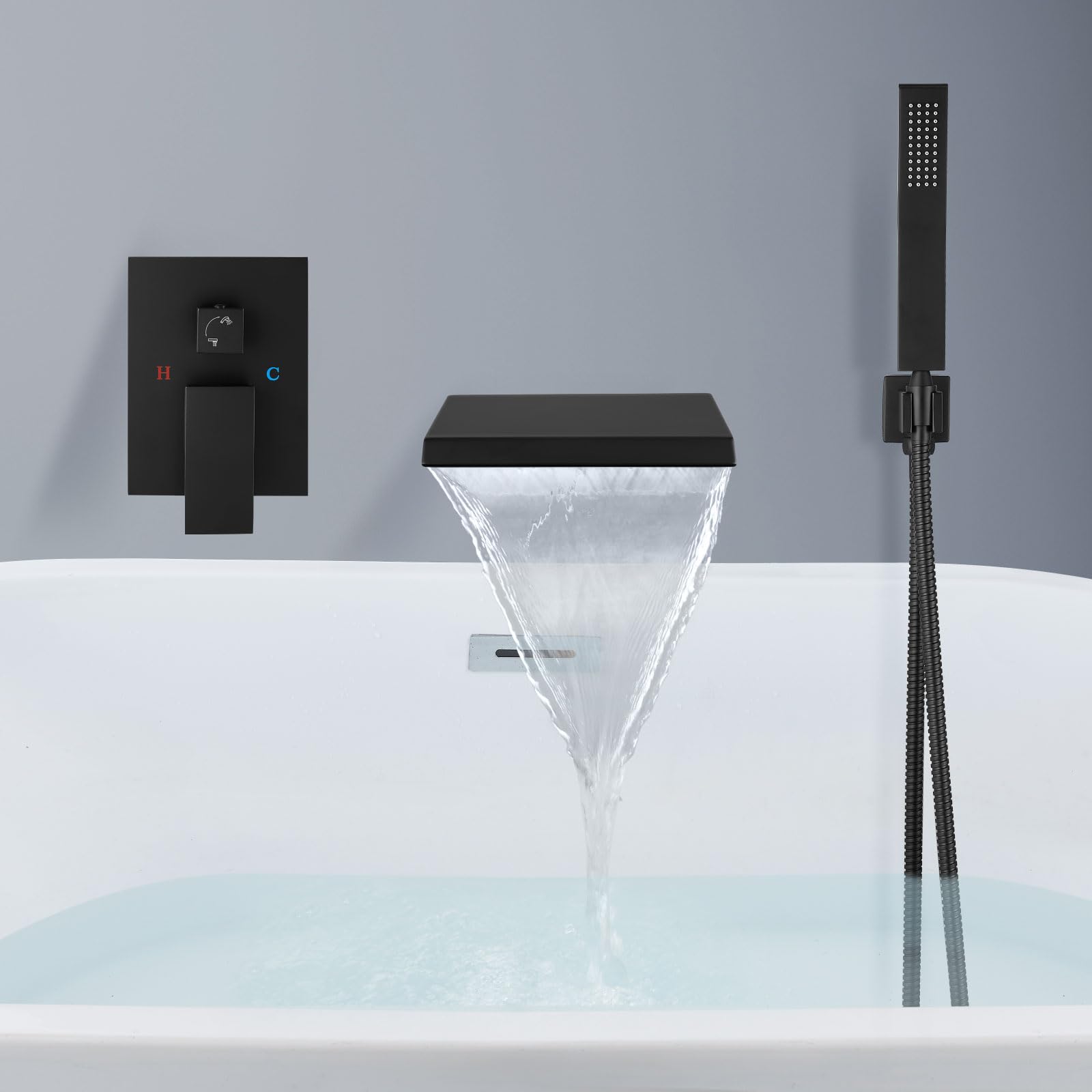 **Aolemi Matte Black Wall Mount Bathtub Faucet Set - Solid Brass Waterfall Tub Filler with Handheld Sprayer & Single Handle Rough-in Valve, Bevel Angle Spout - Perfect for Modern Bathroom & Spa Retreats**