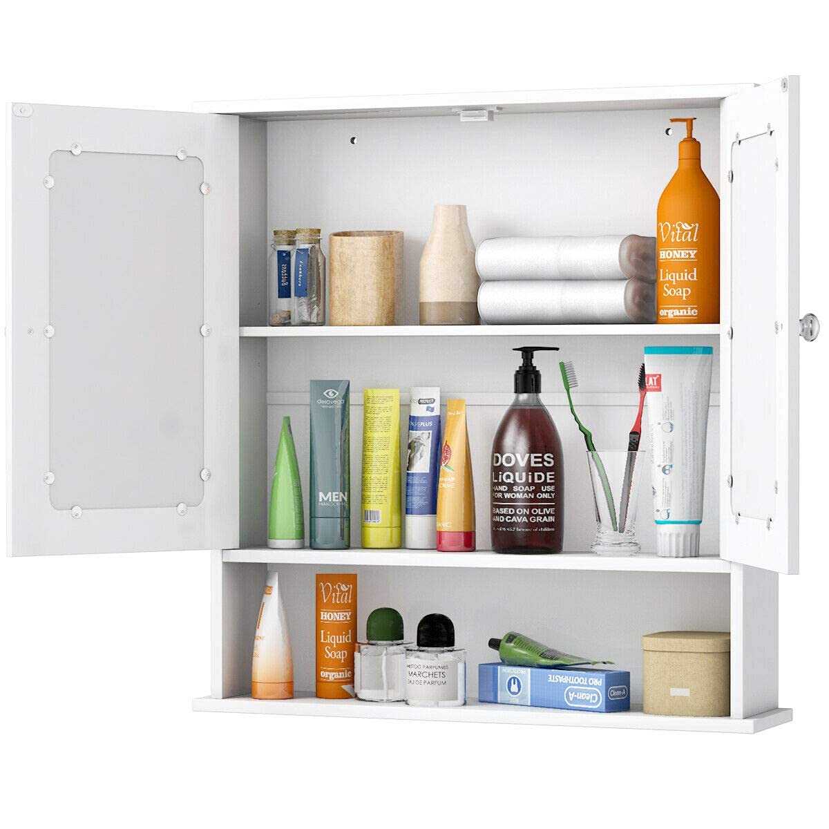 White Wall Mounted Wooden Bathroom Cabinet with Double Mirror Doors - Over Toilet Storage Organizer with Round Knobs for Bathroom, Kitchen, Bedroom - Perfect for Small Space Organization & Home Decor