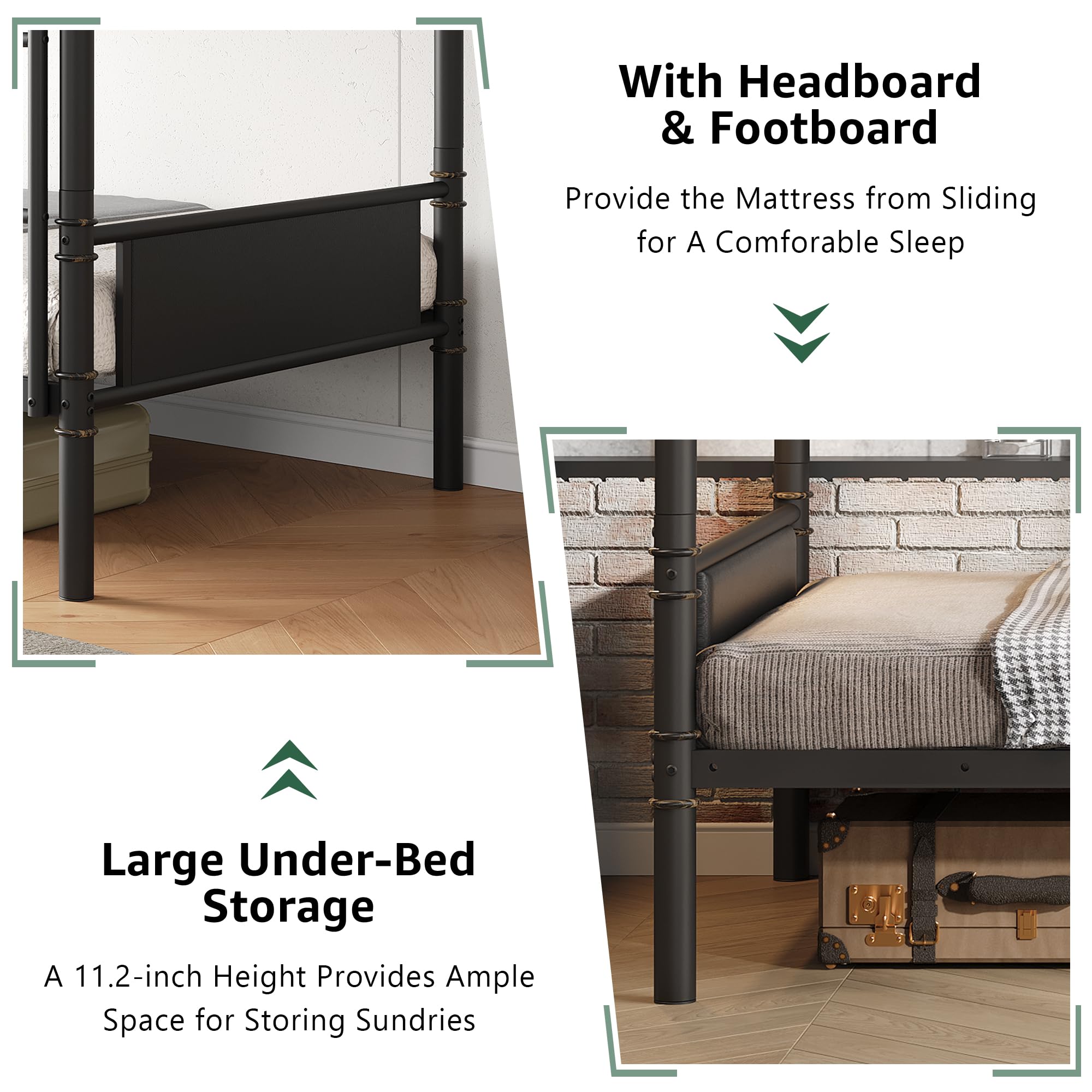 Industrial Metal Bunk Bed Twin Over Twin - Heavy Duty Steel Bunkbeds with Safety Guard Rails | Space-Saving Design for Small Bedrooms, Dorms & Kids Rooms | Black Leather Finish