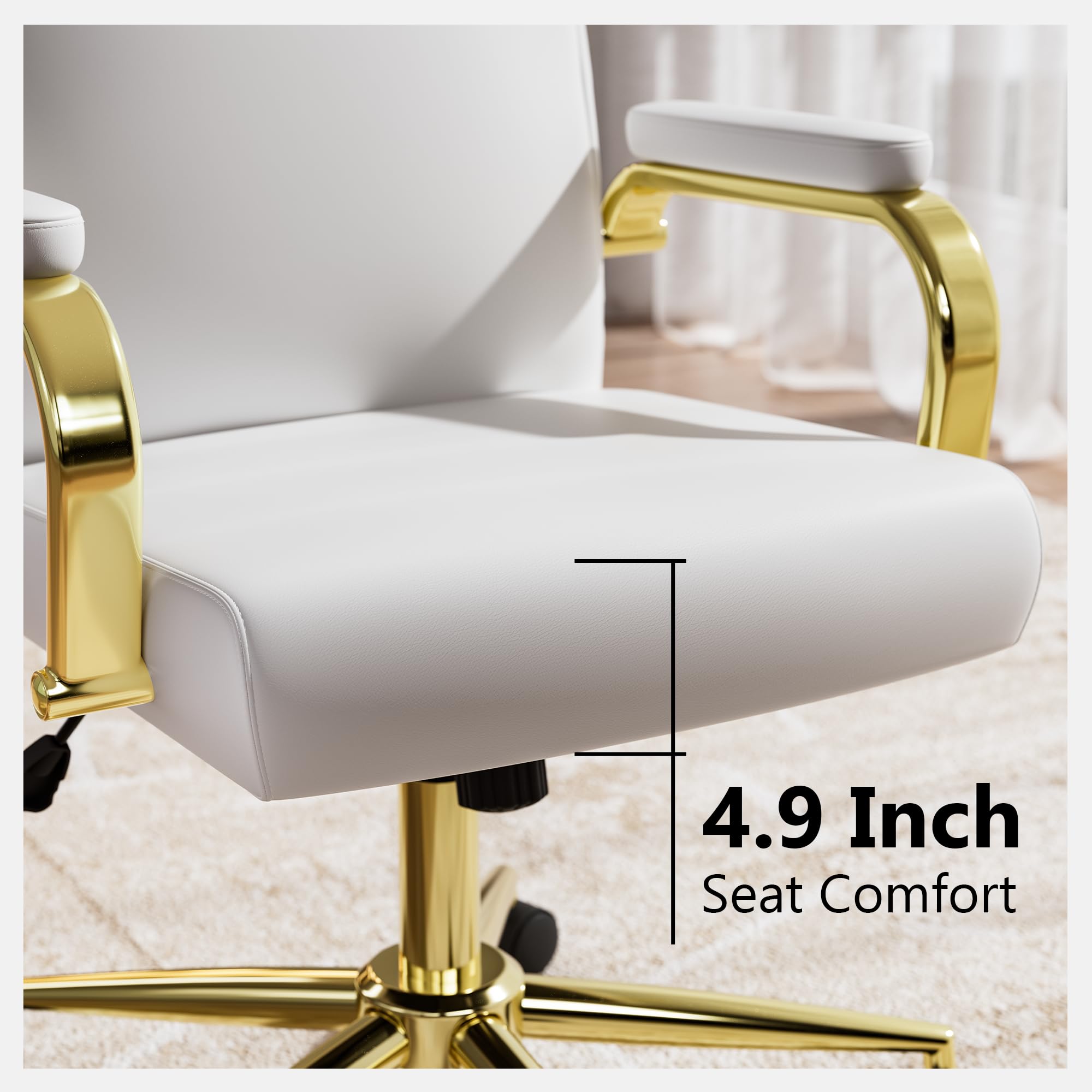 White and Gold Memory Foam Office Chair - Ergonomic Leather Computer Desk Chair with Wheels & Adjustable Arms - High Back Executive Chair for Women - Perfect for Home Office, Gaming, and Workspaces