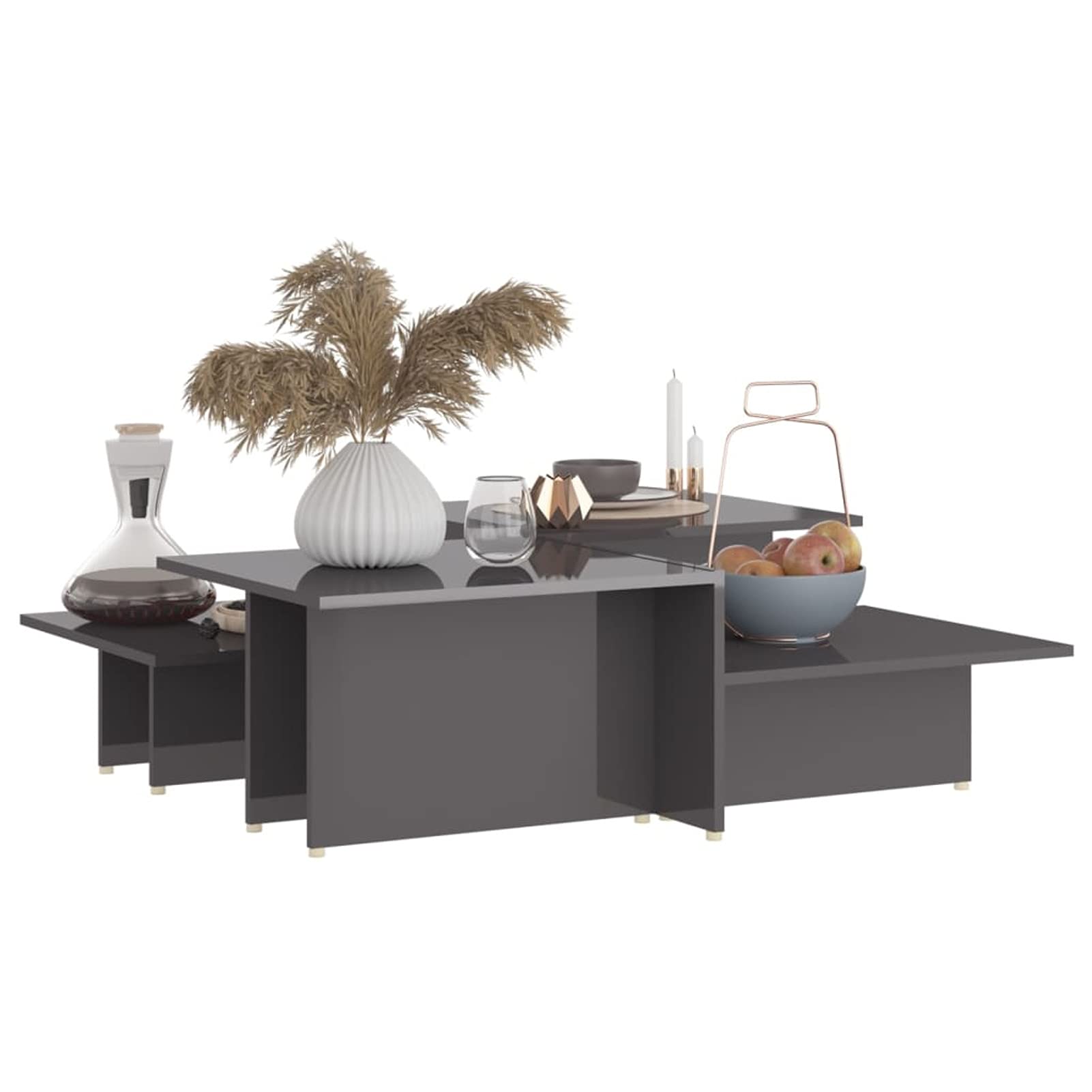 Modern 2-Piece Coffee Table Set - High Gloss Gray Side & End Tables for Sofa/Couch - 43.9