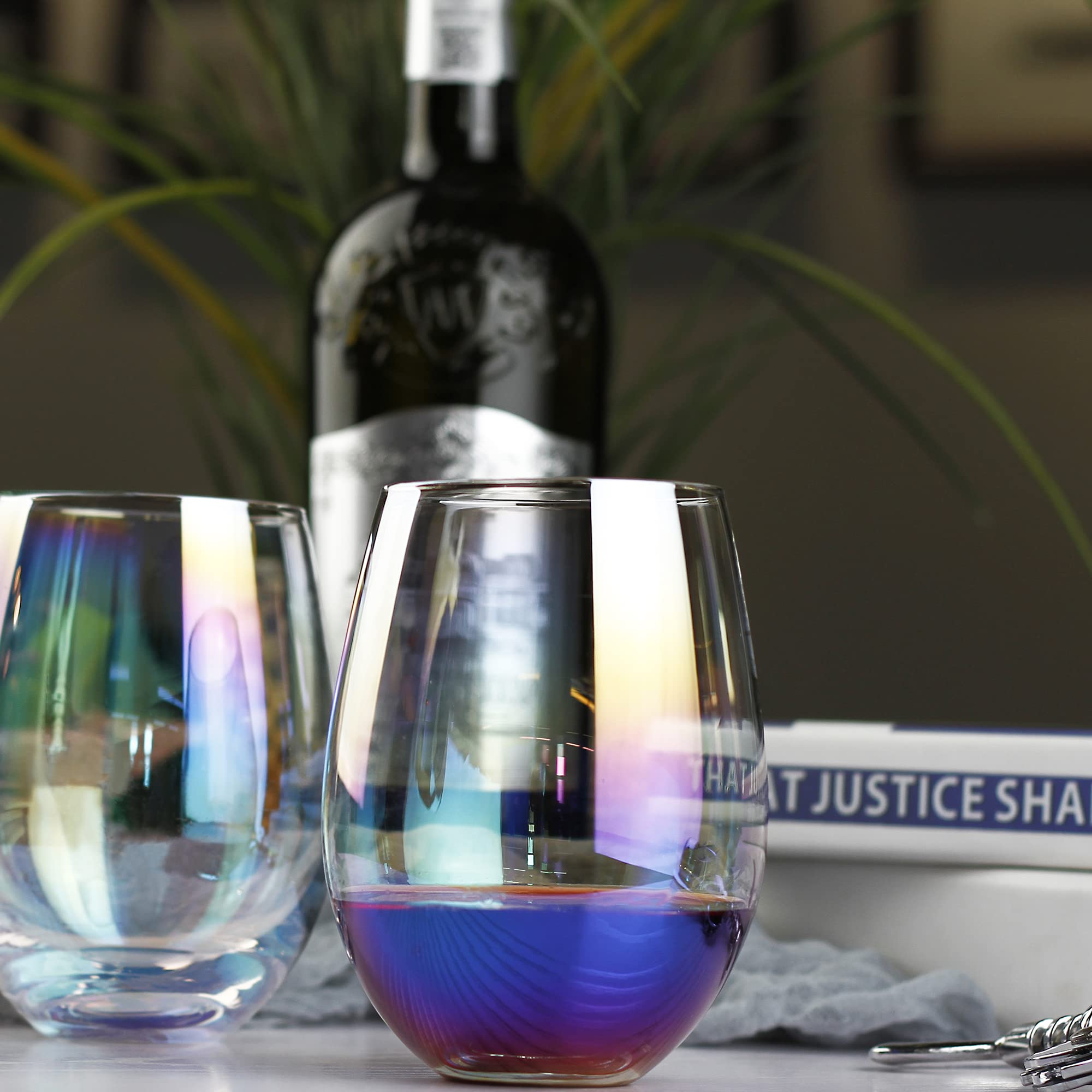 Rainbow Stemless Wine Glasses Set of 4 - 20oz Iridescent Drinking Cups for Red & White Wine, No Stem Tumblers, Elegant Beverage Glasses for Water, Juice, Cocktails - Perfect for Home, Bar, Parties, Weddings & Gift Giving
