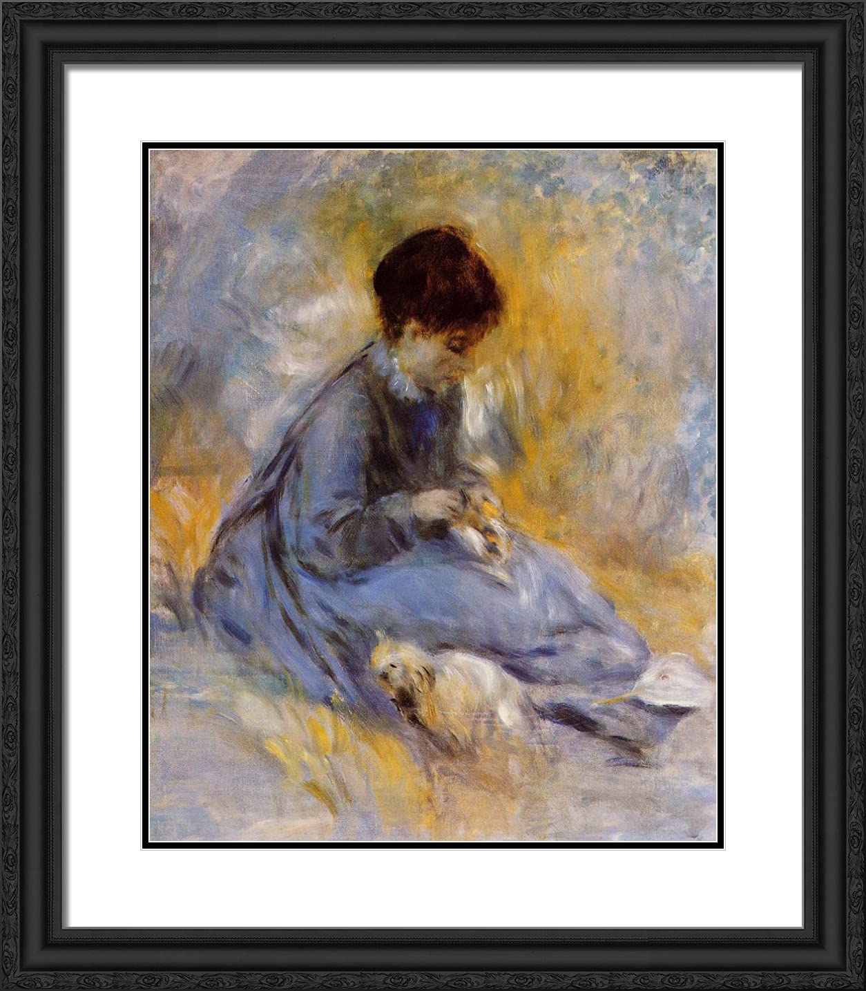 Pierre-Auguste Renoir 'Young Woman With a Dog' 20x23 Black Ornate Framed Art Print with Double Matting - Perfect for Living Room, Bedroom & Office Wall Decor