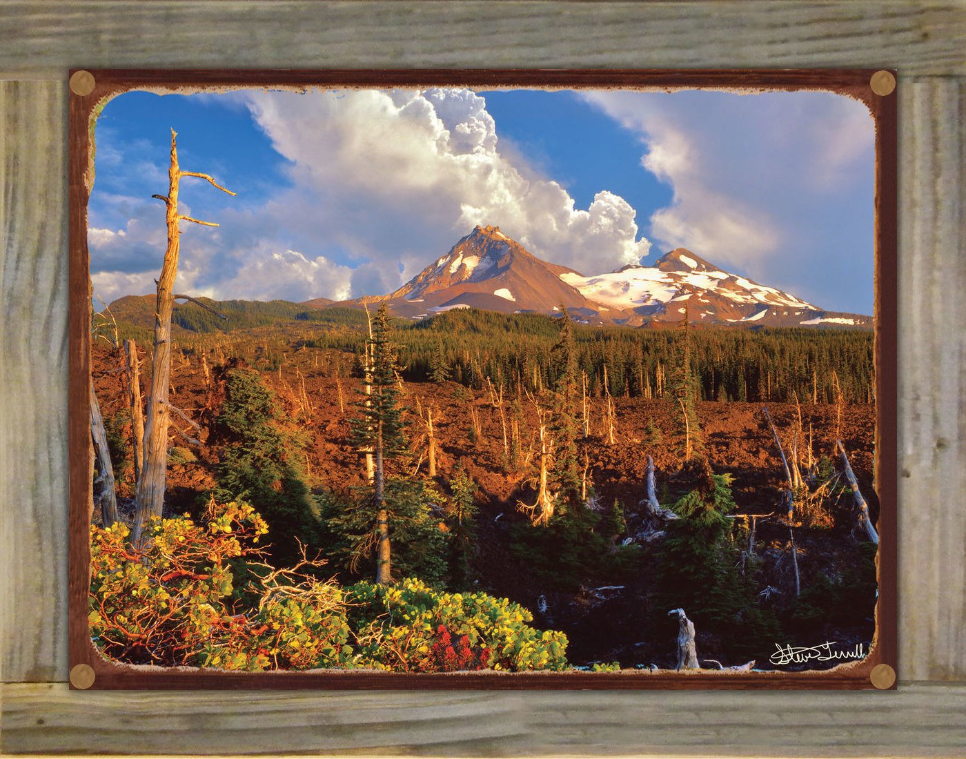 Rustic Metal Print of North & Middle Sister Mountains Oregon on Reclaimed Barn Wood - 8.5