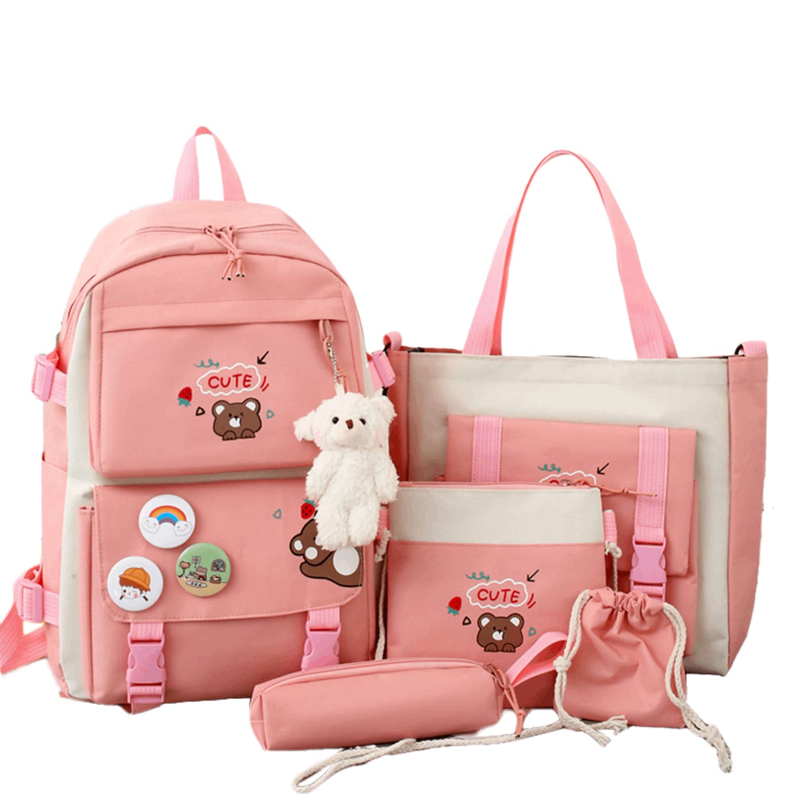 5Pcs Kawaii Backpack Set with Bear Pendant - Cute Large Canvas Schoolbag & Tote Bag for Girls, Back to School Supplies (Pink) | Perfect for School, Travel & Daily Use