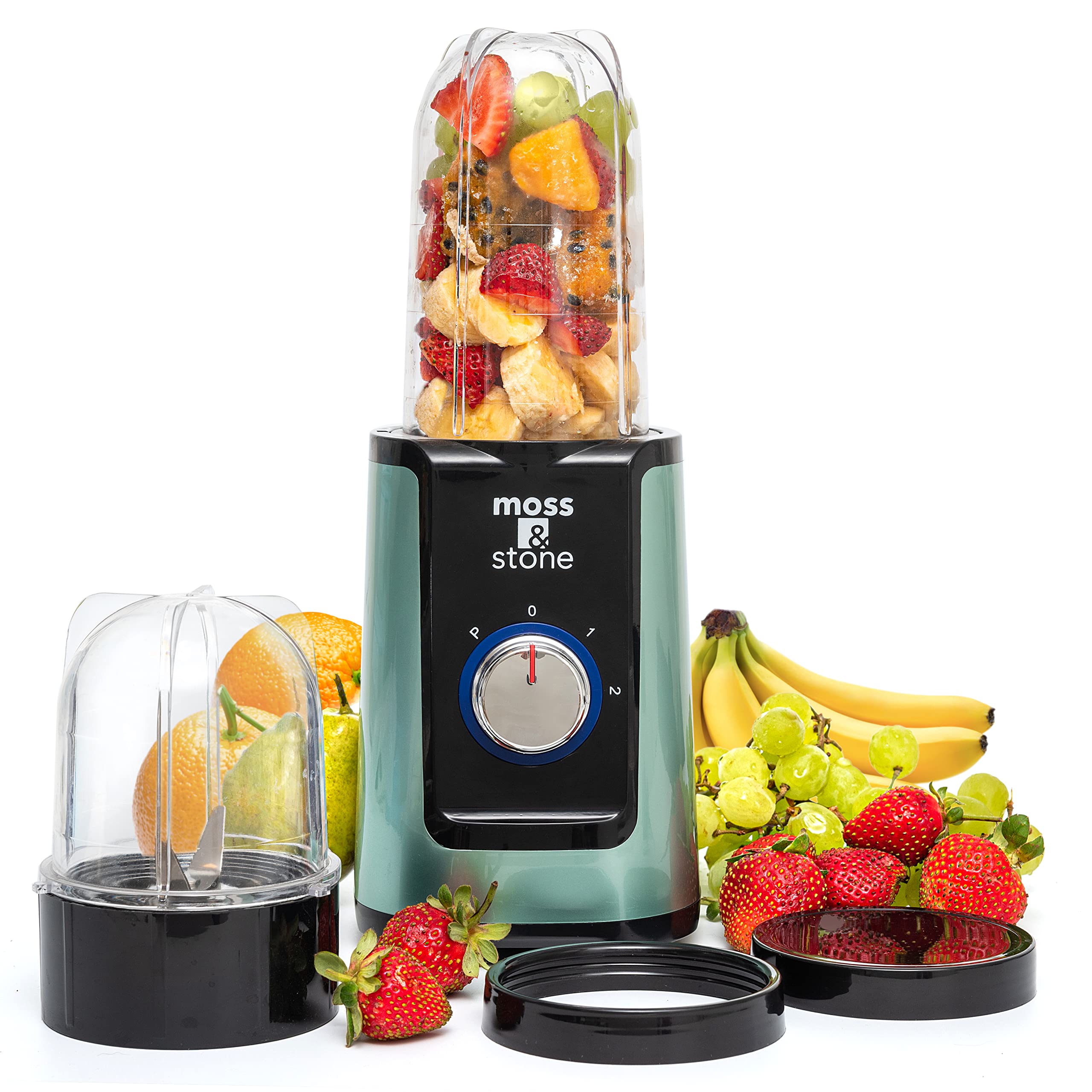 Premium Moss & Stone Smoothie Blender - Compact Personal Blender with 2 Travel Cups & Lids - Powerful Mini Blender for Frozen Drinks, Juices & Smoothies - Perfect for Home, Office & Gym Use